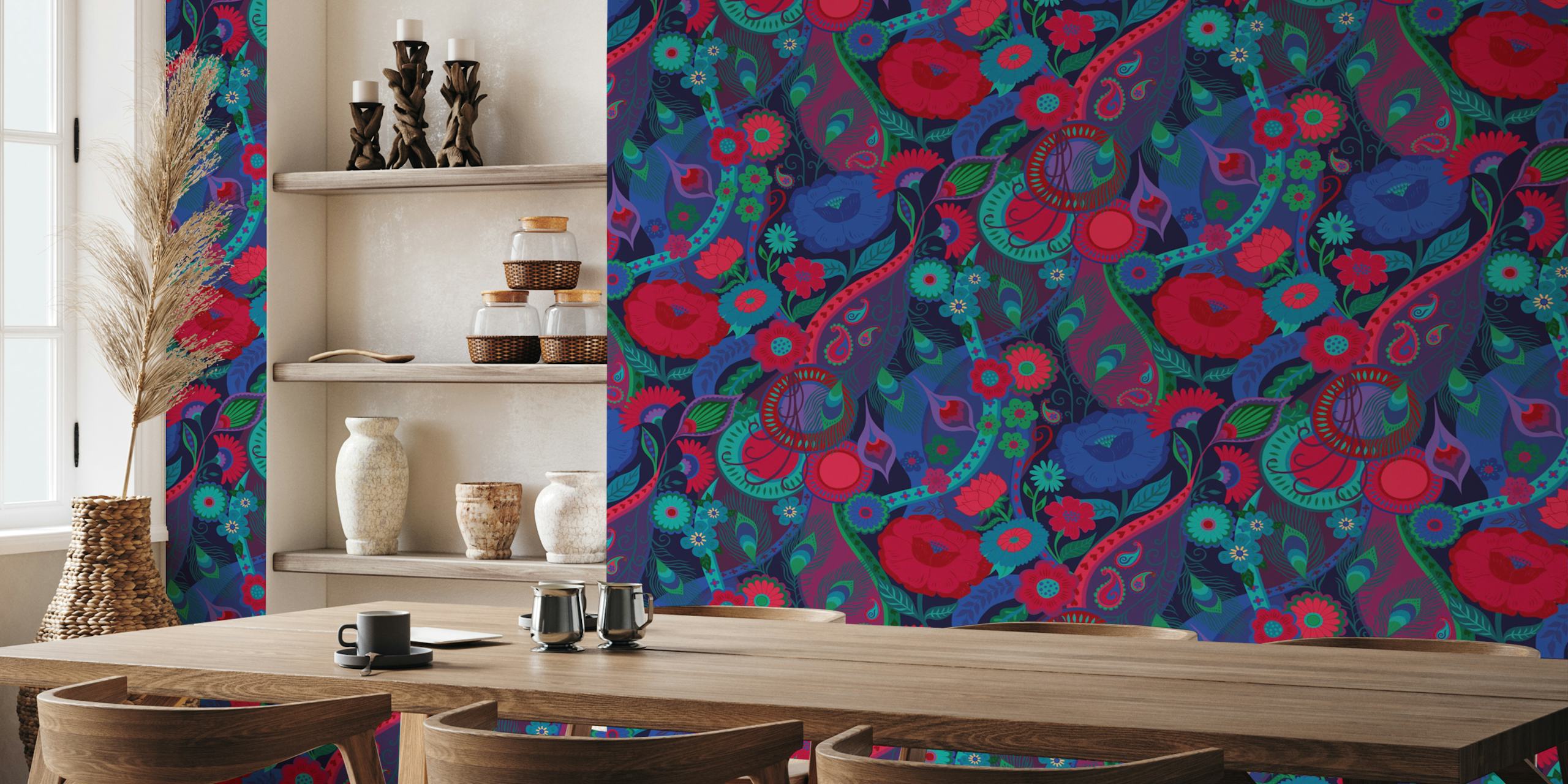 Colorful floral wallpaper in a room