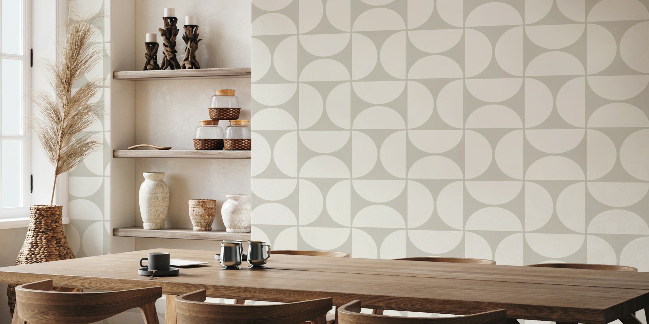 Geometric circles pattern in soft beige and white wallpaper