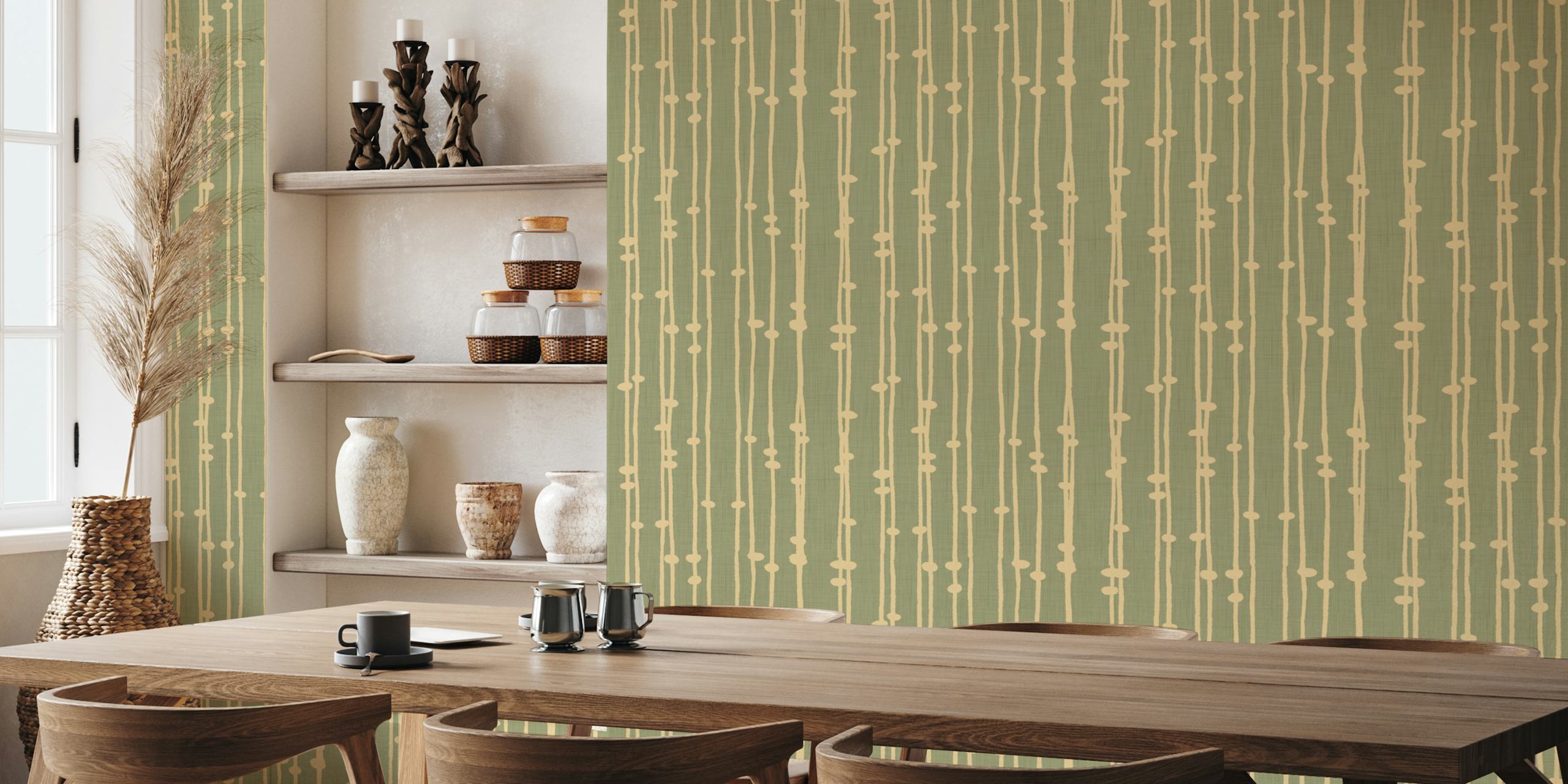 Boho striped wallpaper in green and cream colors with a textured design