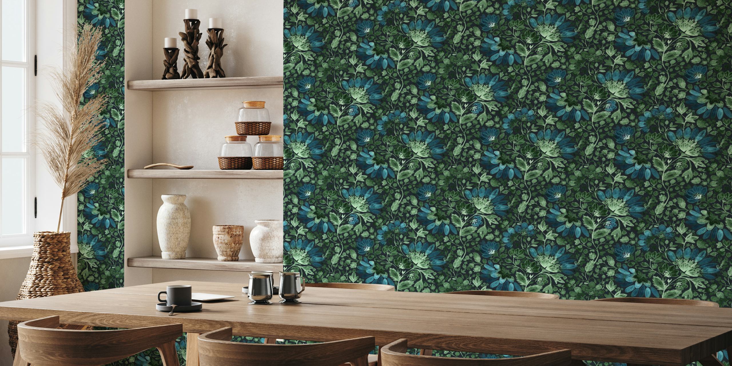 Emerald green and blue floral pattern on dark background wallpaper