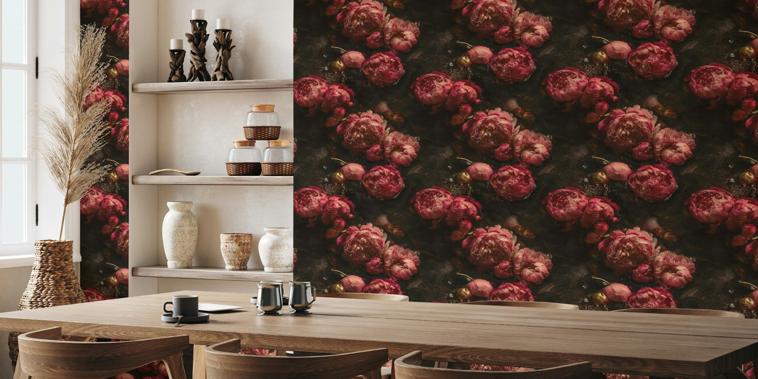Peony Blooms in Twilight wallpaper in a room