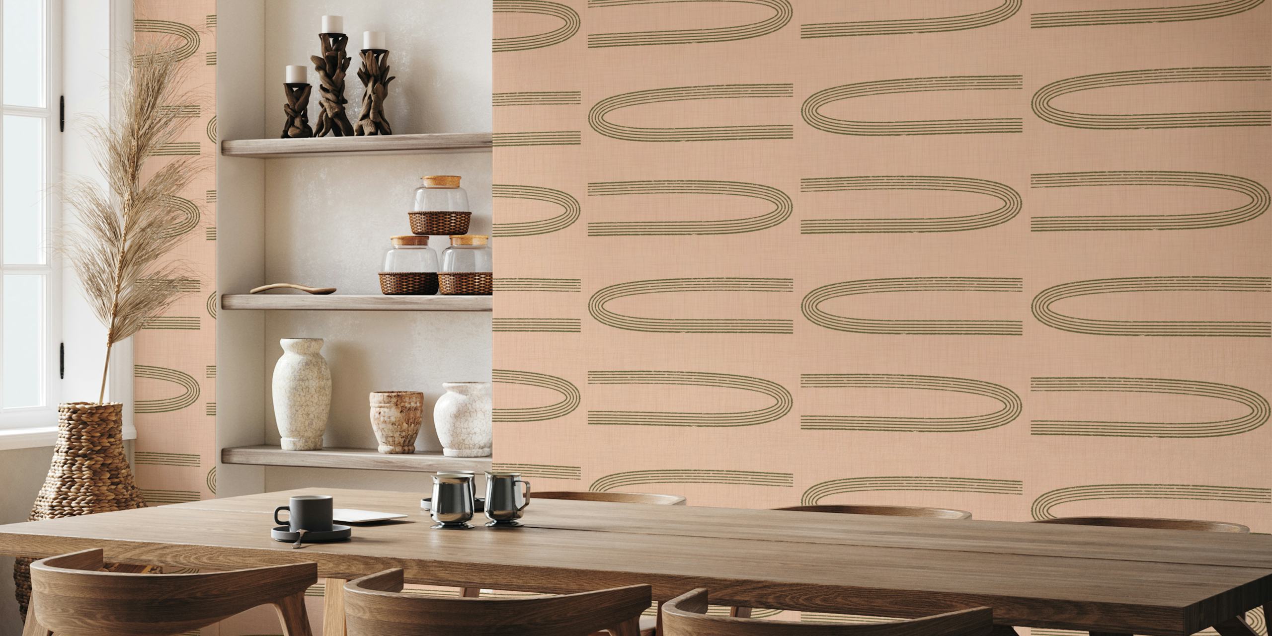 Retro Arch Lines Blush & Olive Mid Century wallpaper