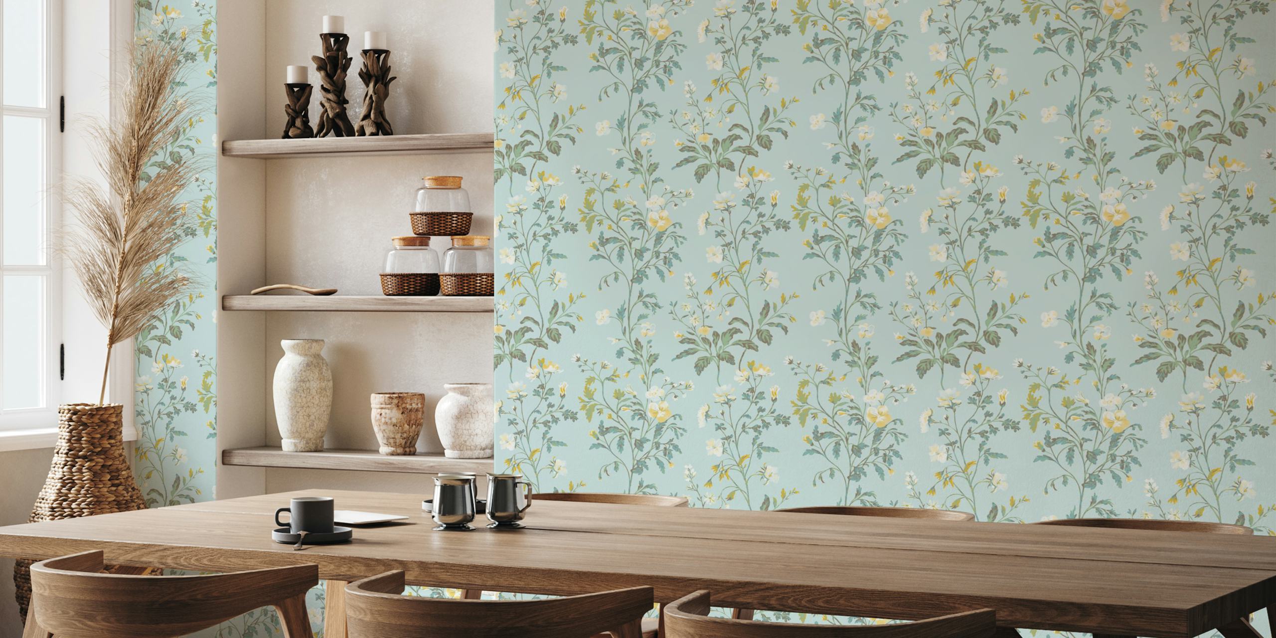 Pastel floral wallpaper with yellow and white flowers on blue background