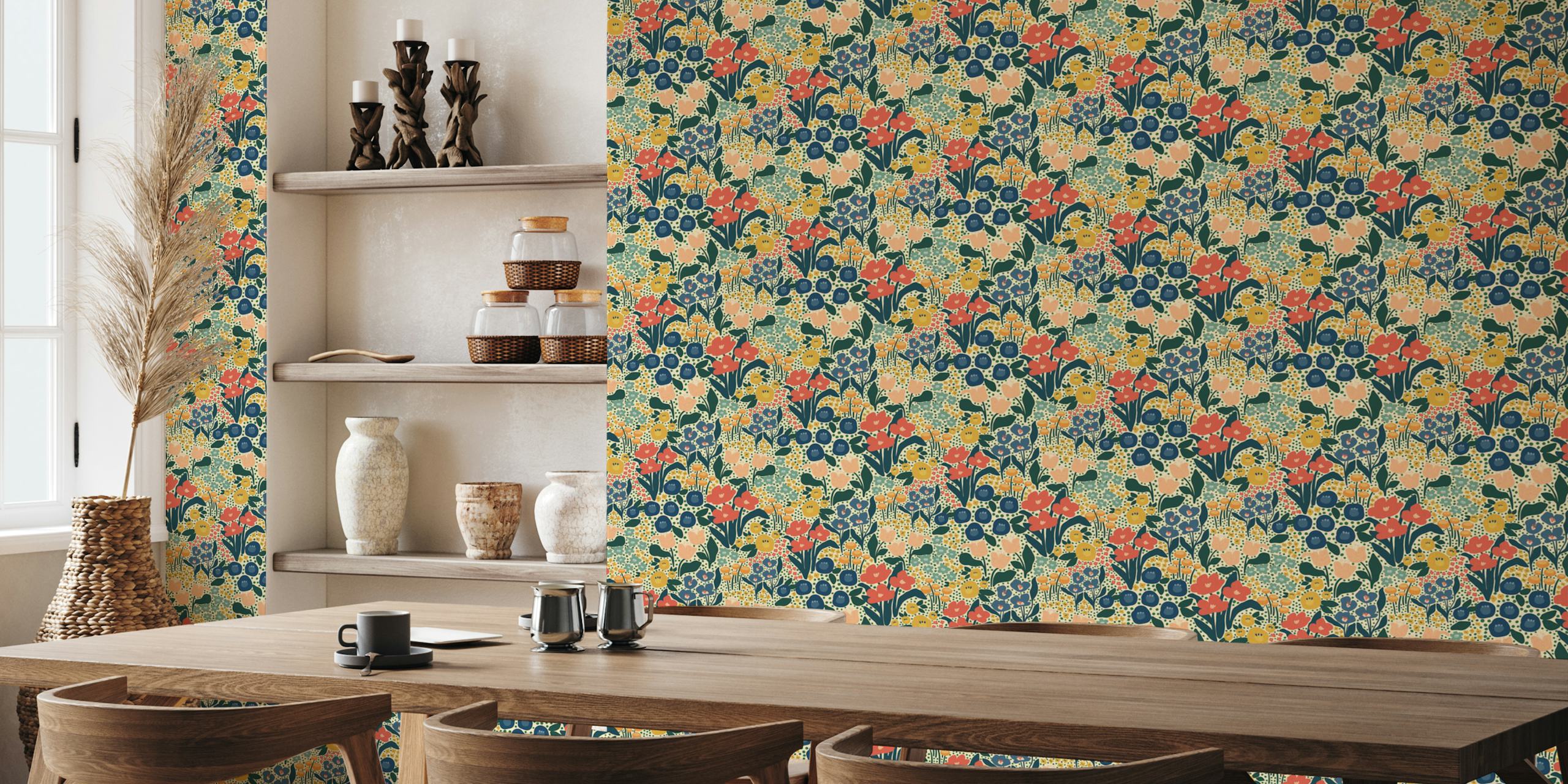 Colorful floral patterns with red and blue flowers on cream wallpaper