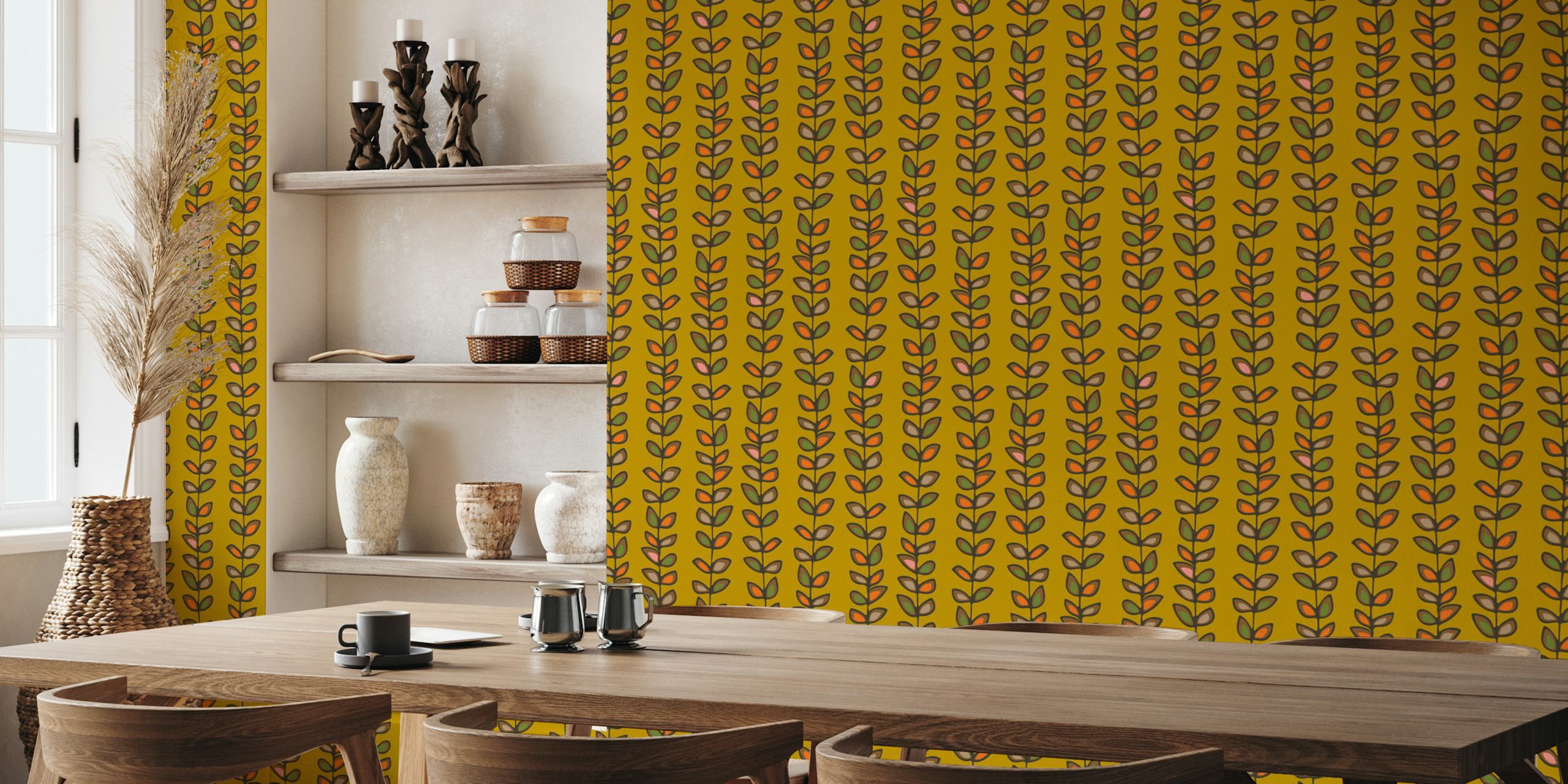 Floral leaves in mustard, green, and pink colors. Retro wallpaper.