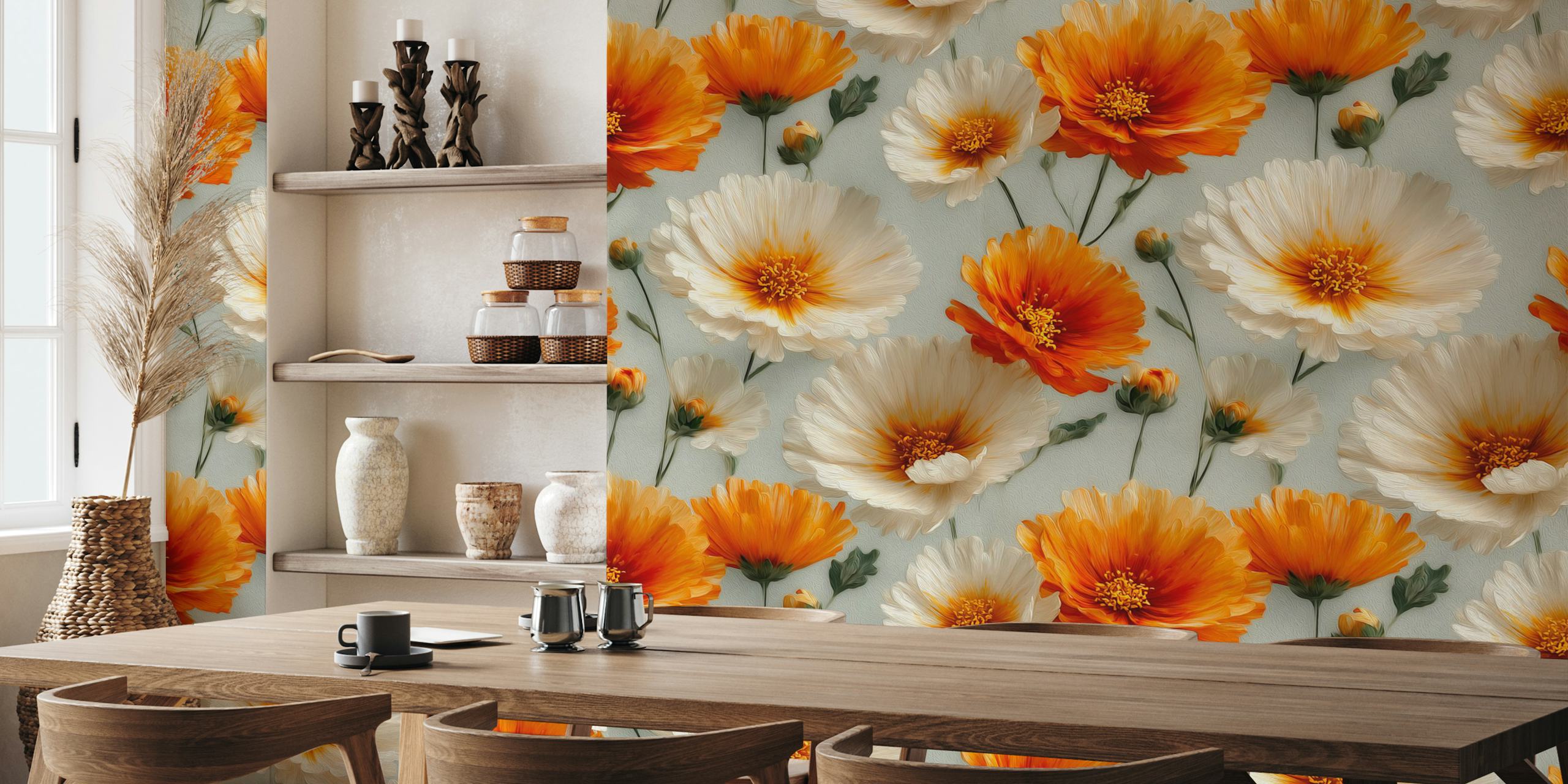 Orange and cream floral design on soft background wallpaper