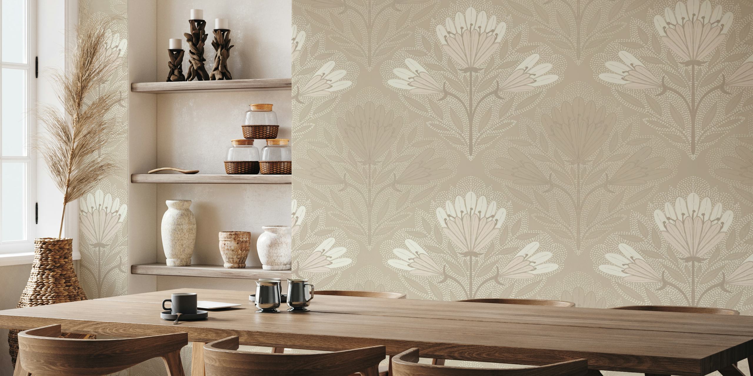 Floral pattern with soft neutral colors, delicate flowers and leaves wallpaper