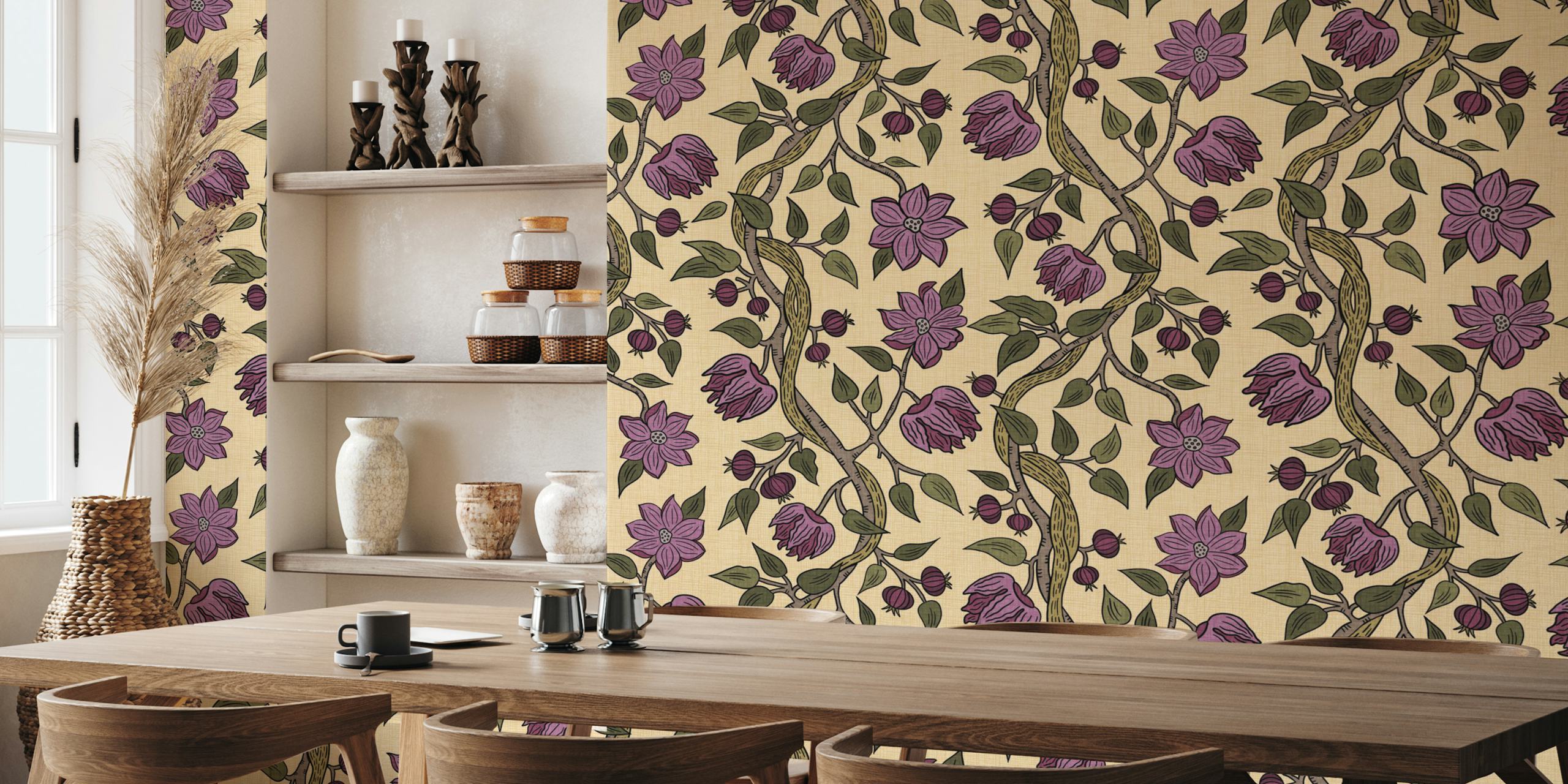 Violet flowers and vines on khaki background wallpaper
