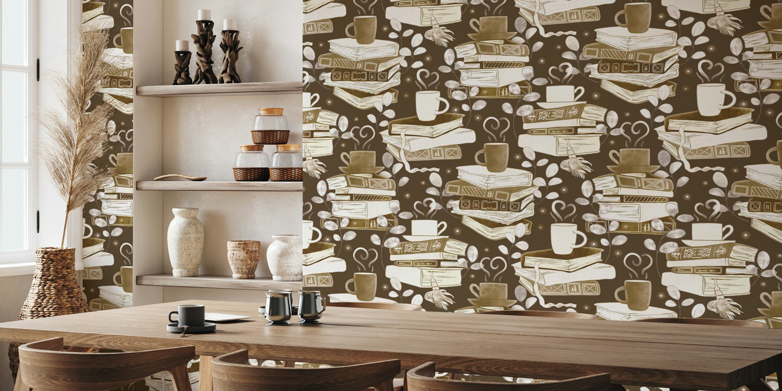 Mocha brown wallpaper s knjigama i šalicama kave