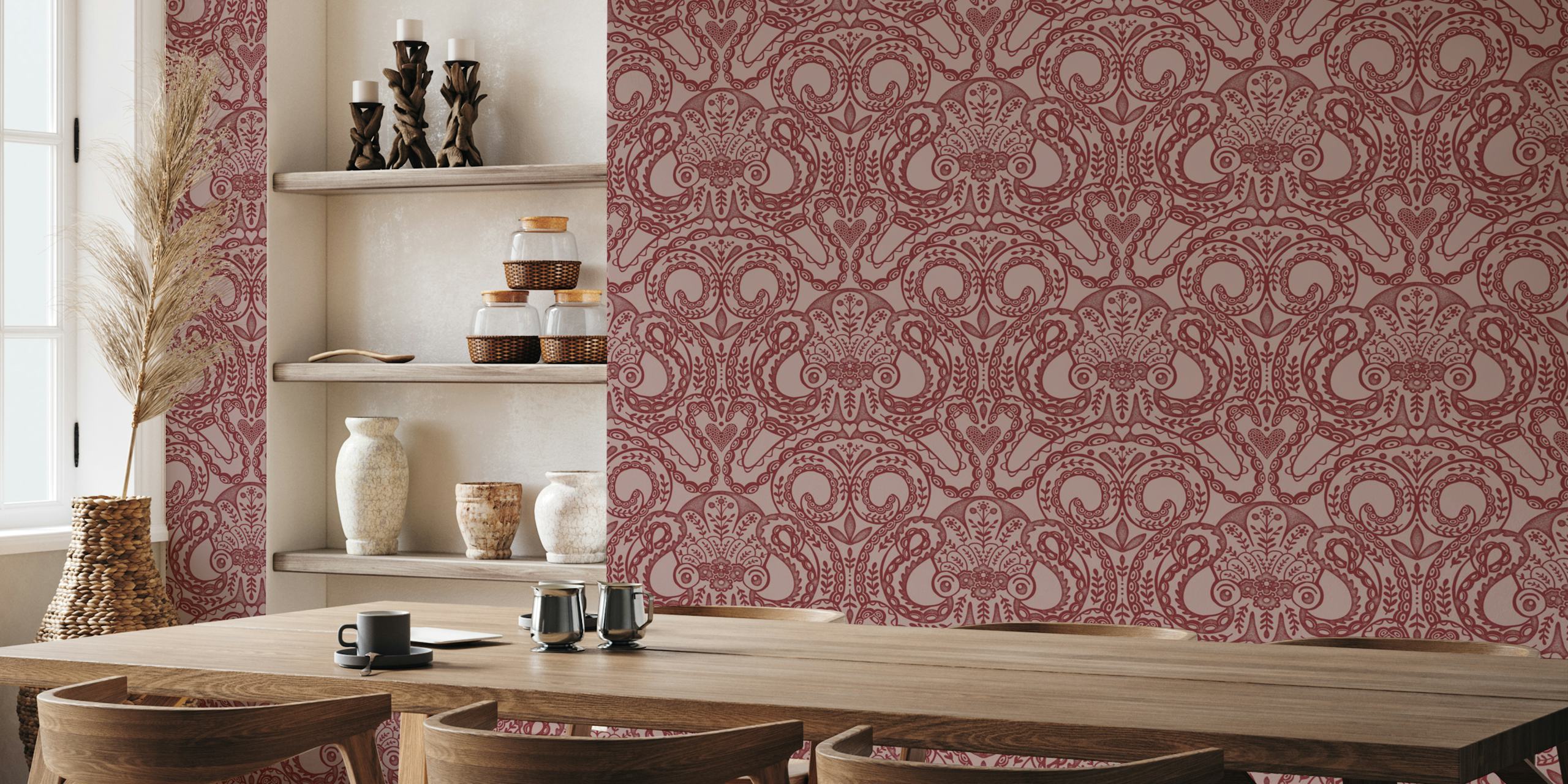 Folk octopus damask mauve red tapet i et rum