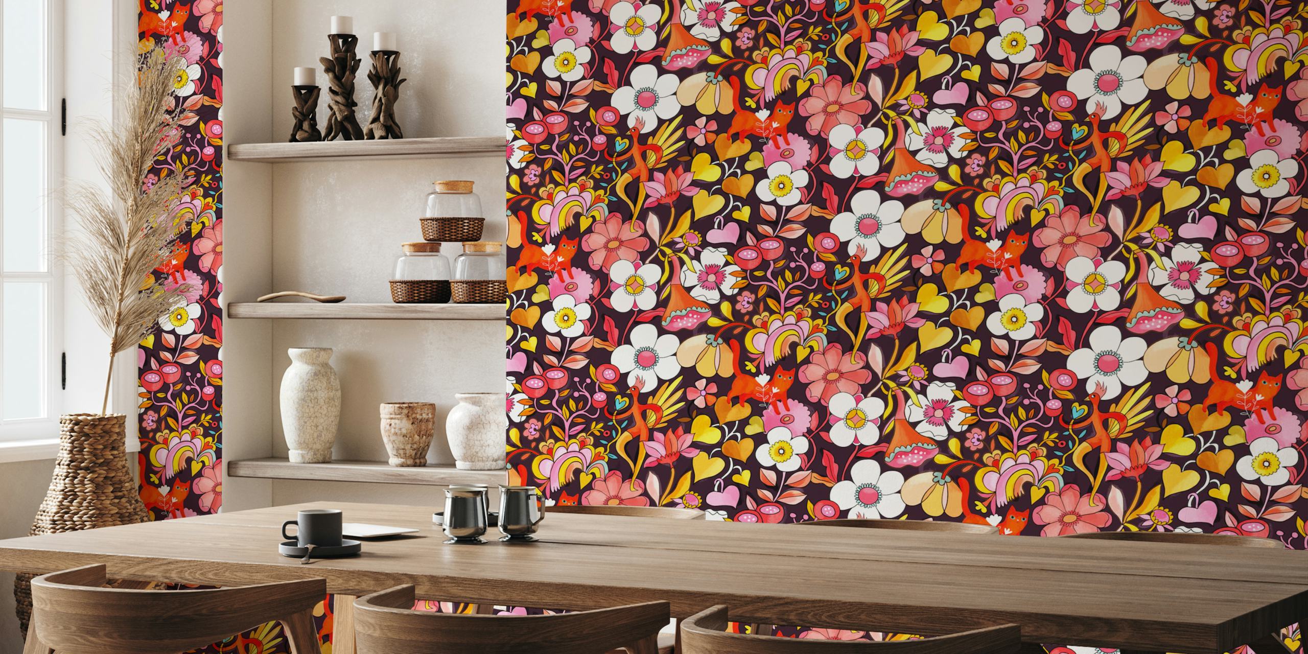 Colorful floral pattern with hidden creatures, pink and orange details, wallpaper