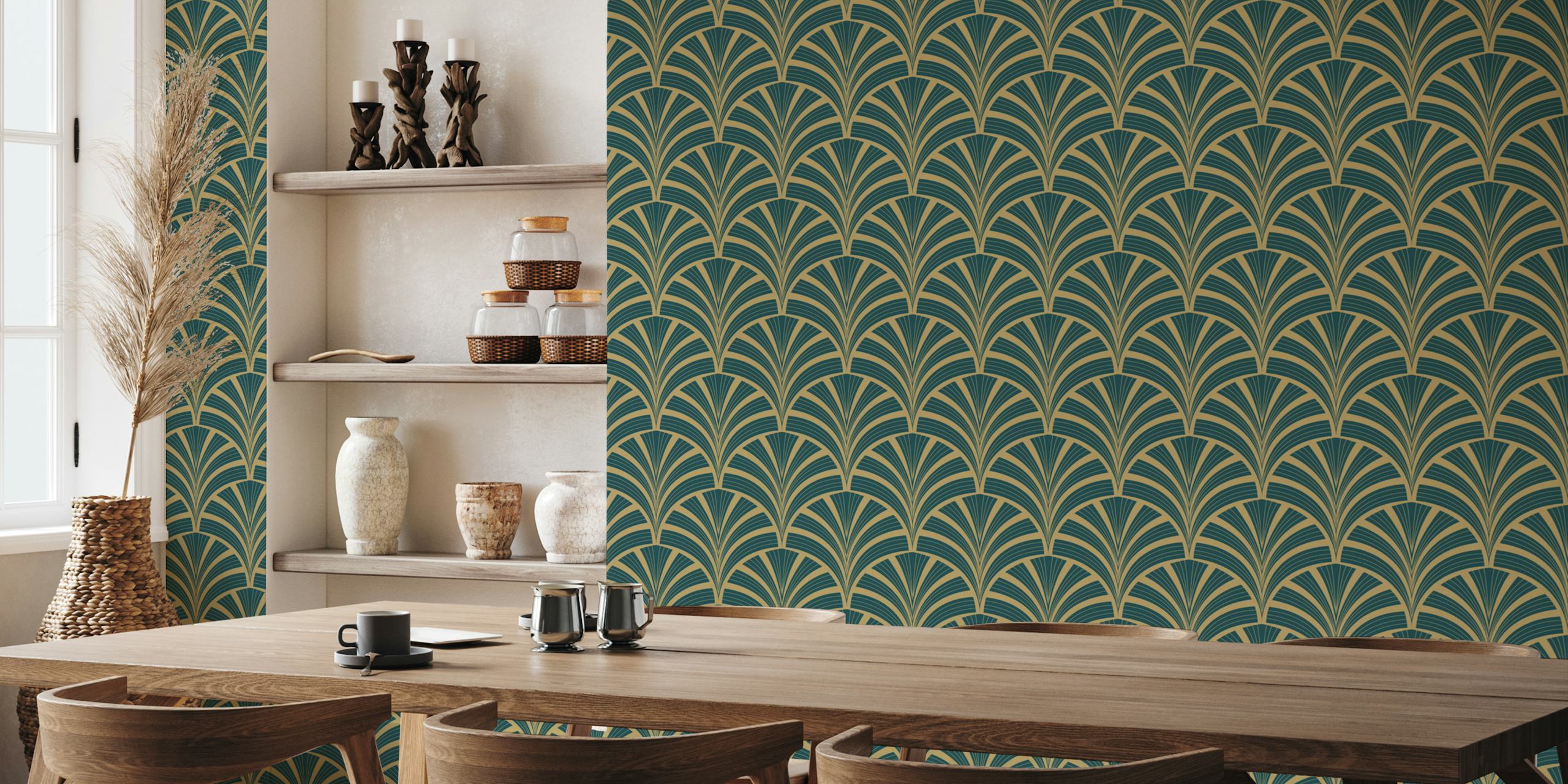 Art Deco palm frond pattern in deep teal and gold wallpaper
