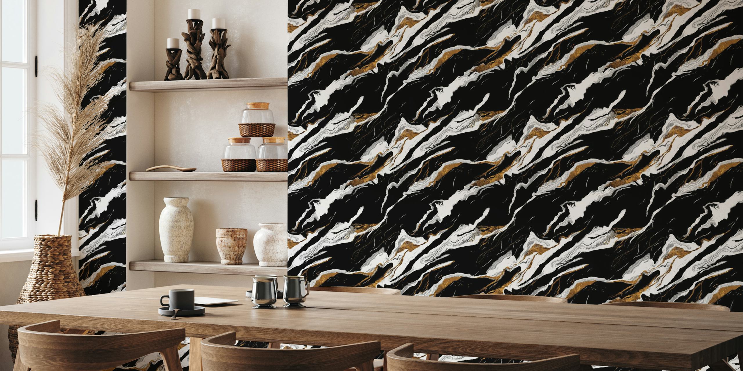 Black marble wallpaper with white and golden veins