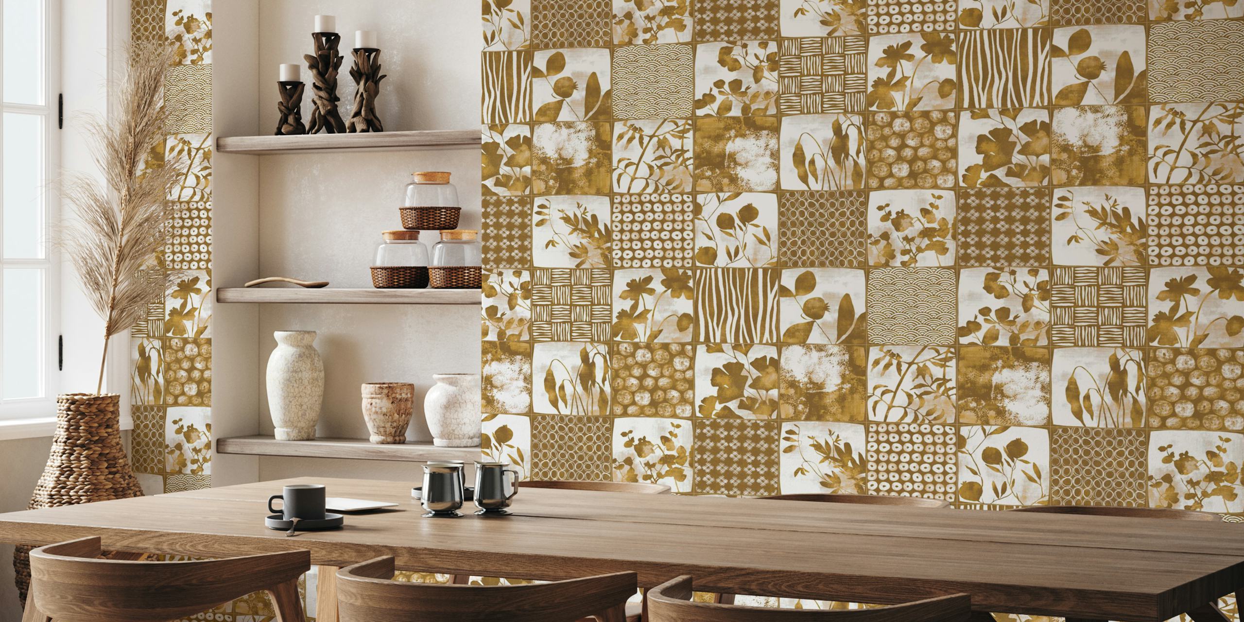 Mustard yellow and white patterned wallpaper in a room
