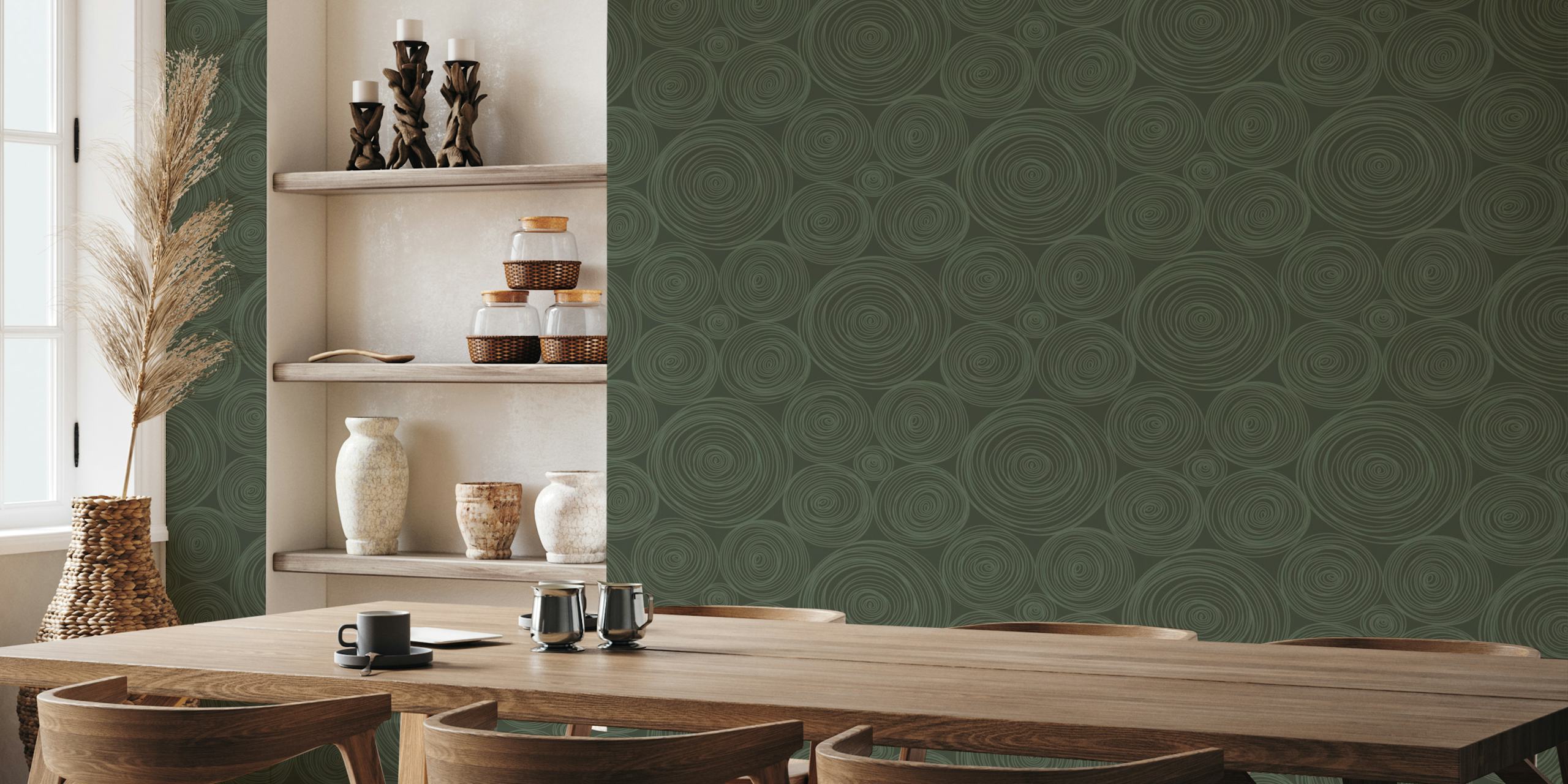 Abstract rings donkergroen behang in een kamer
