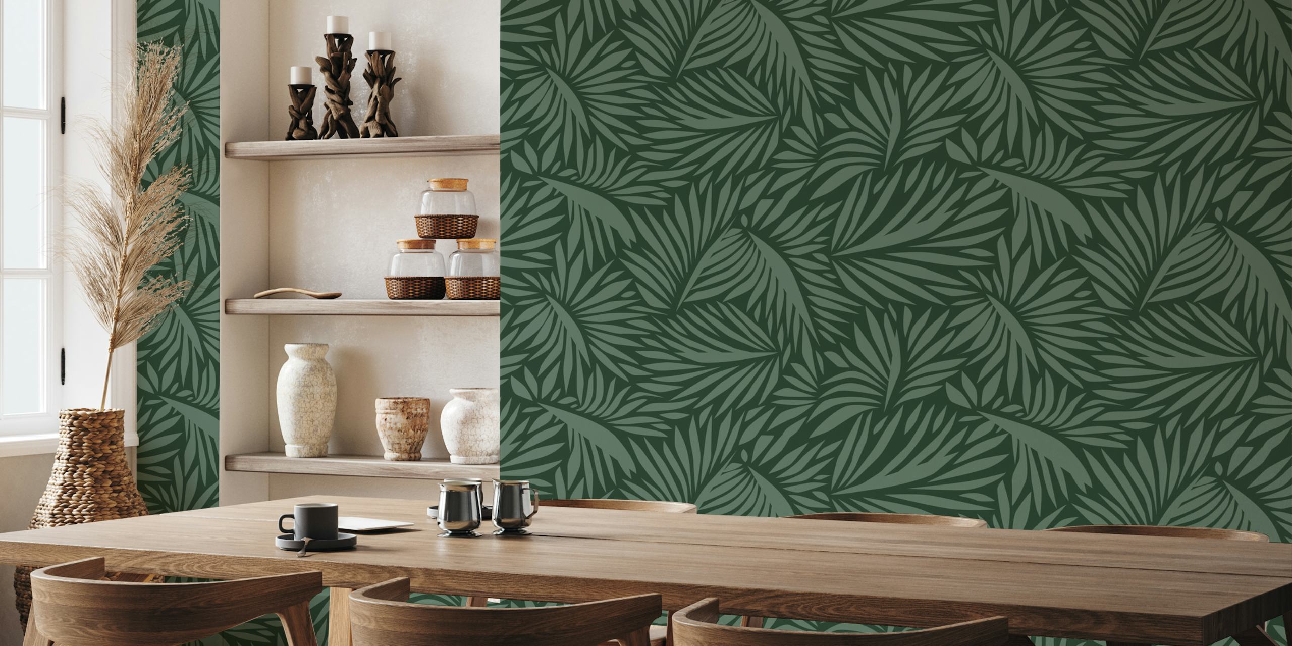 Tropical leaf pattern in dark green tones wallpaper
