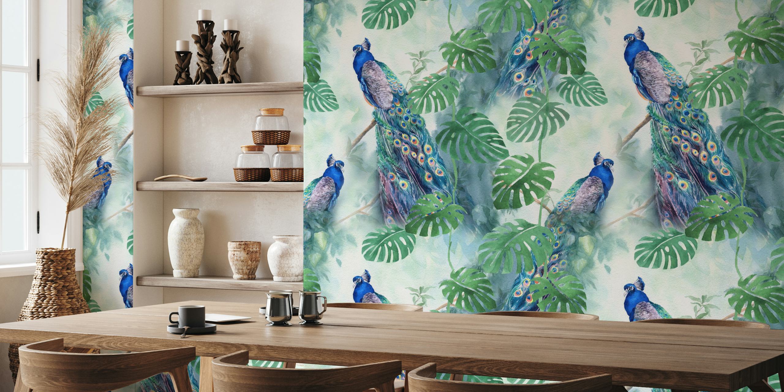 Lush Botanical Peacock Artwork σε ένα δωμάτιο