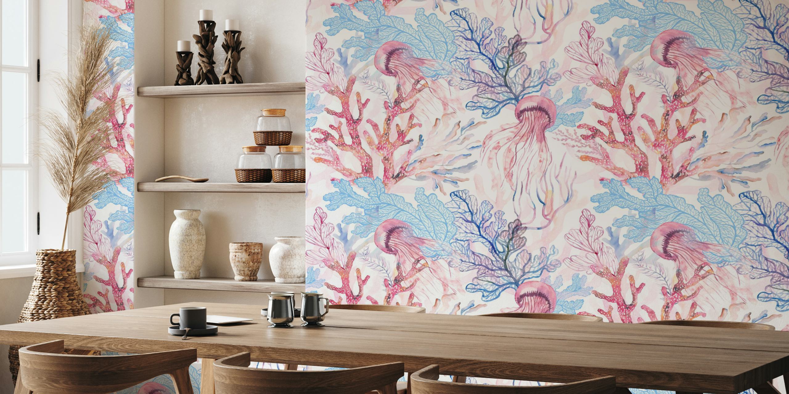 Coral reef wallpaper Design mit Quallen und Korallen.