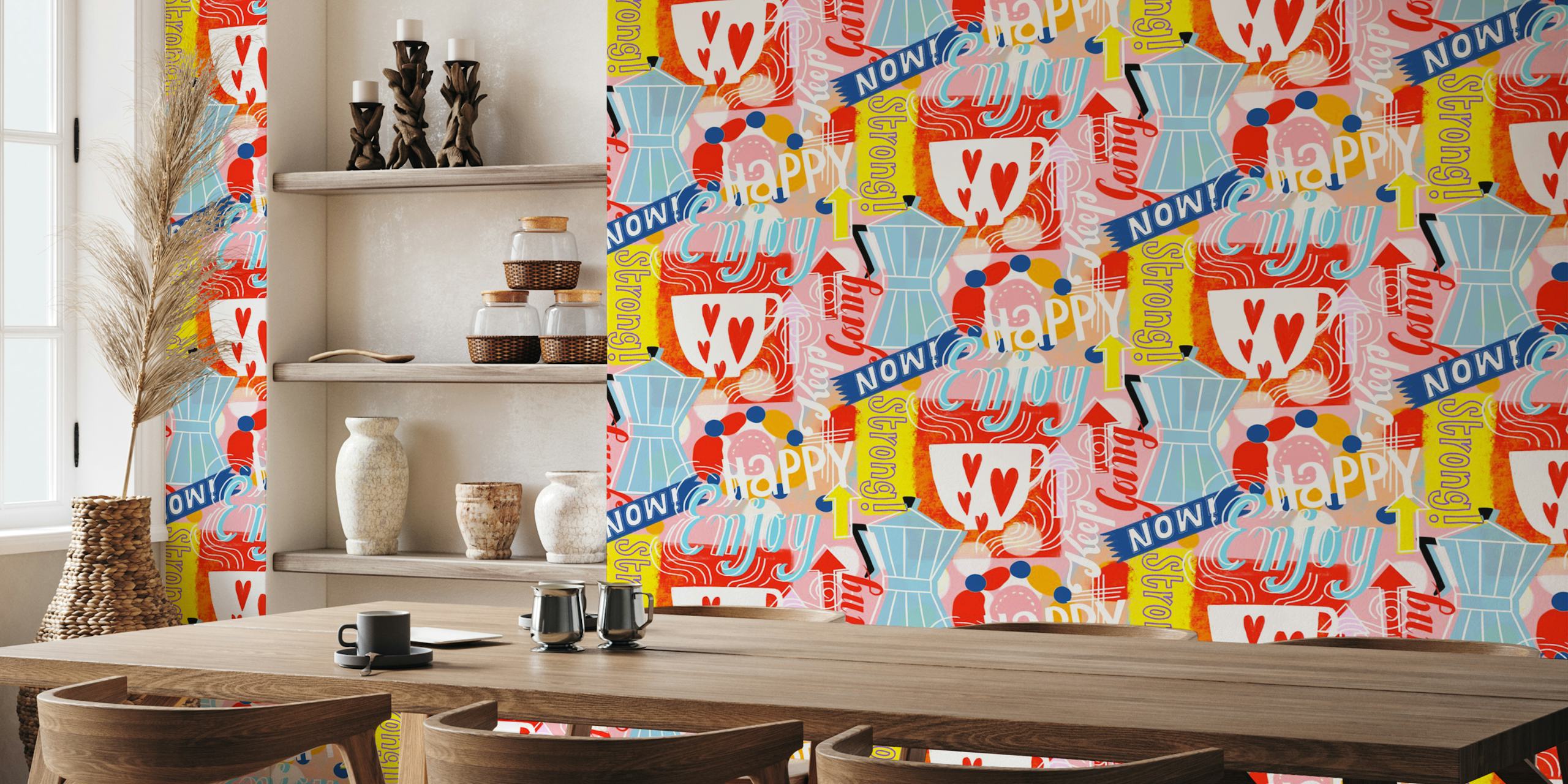 Ταπετσαρία Pop art strong coffee εμφανίζεται σε ένα δωμάτιο