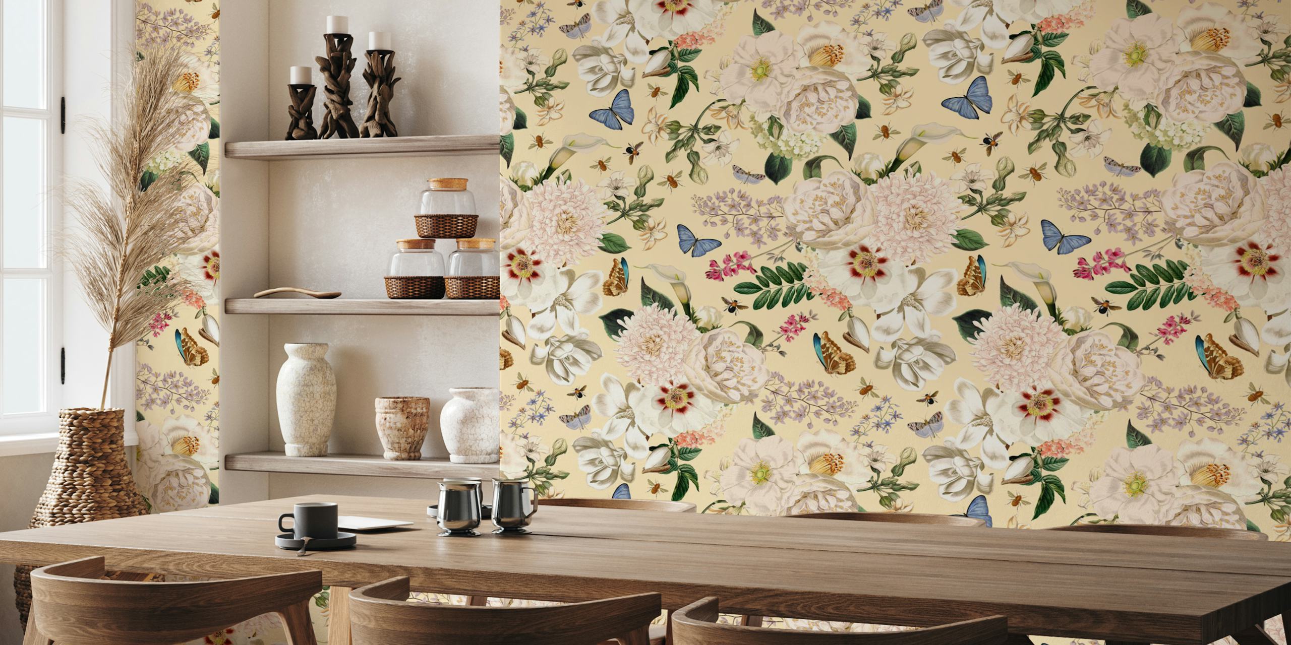 Floral wallpaper featuring peonies and butterflies