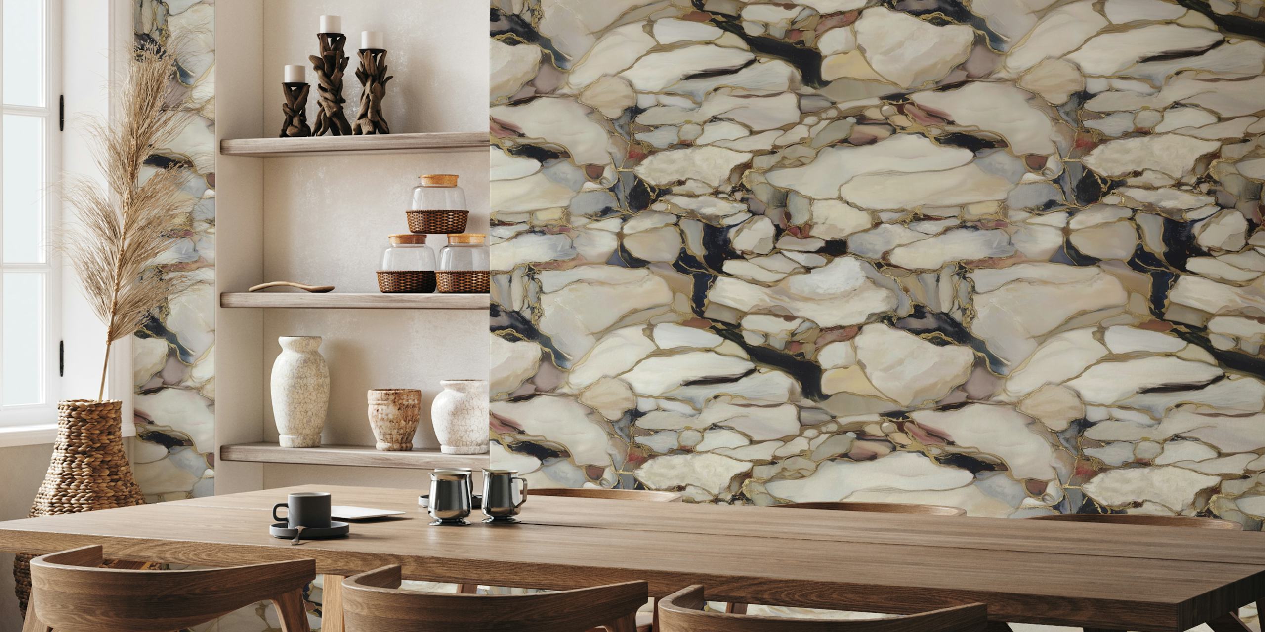 Elegant marble flow wallpaper in soft white, gray, and gold hues