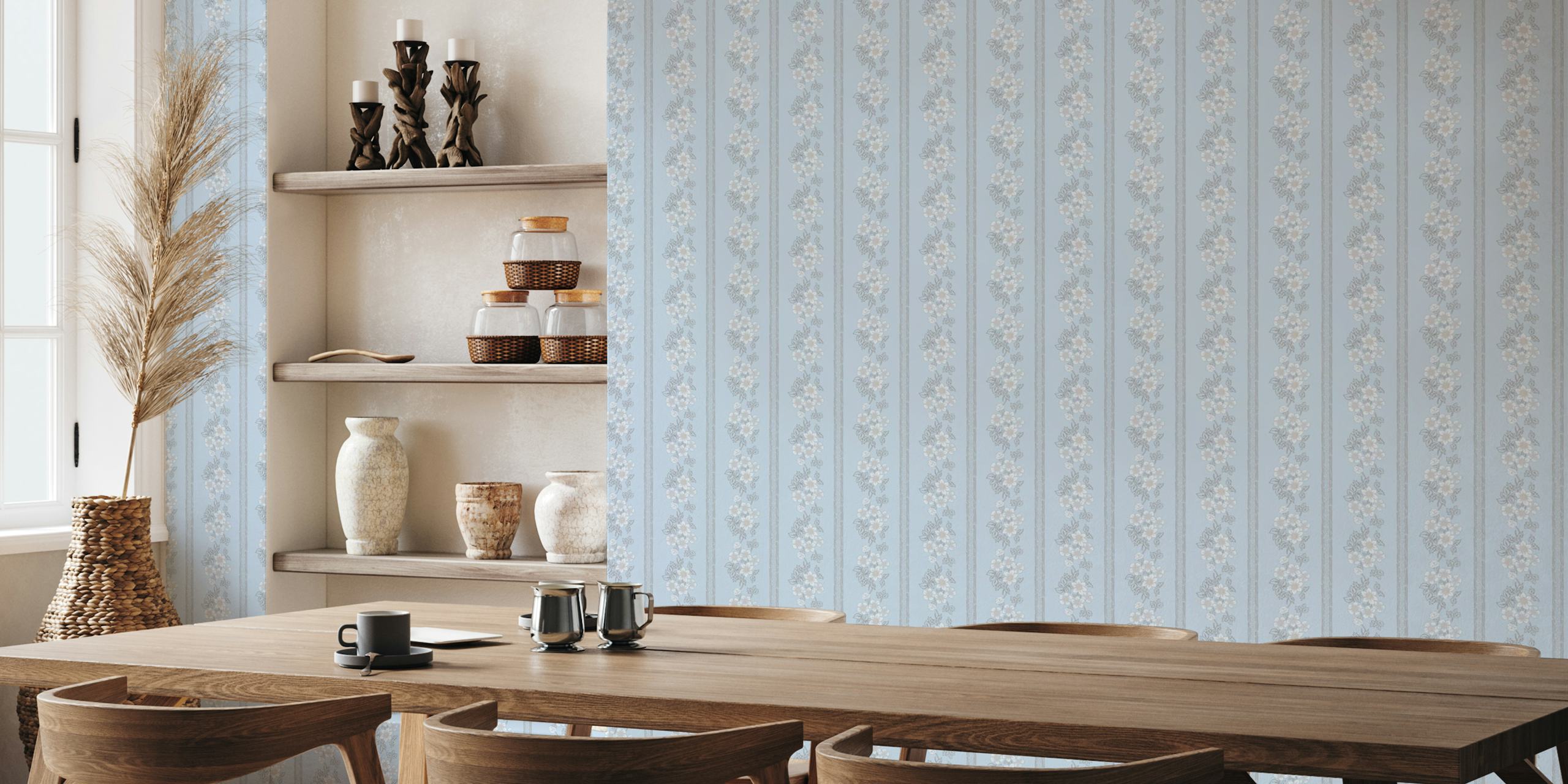 Floral stripe design in light blue wallpaper