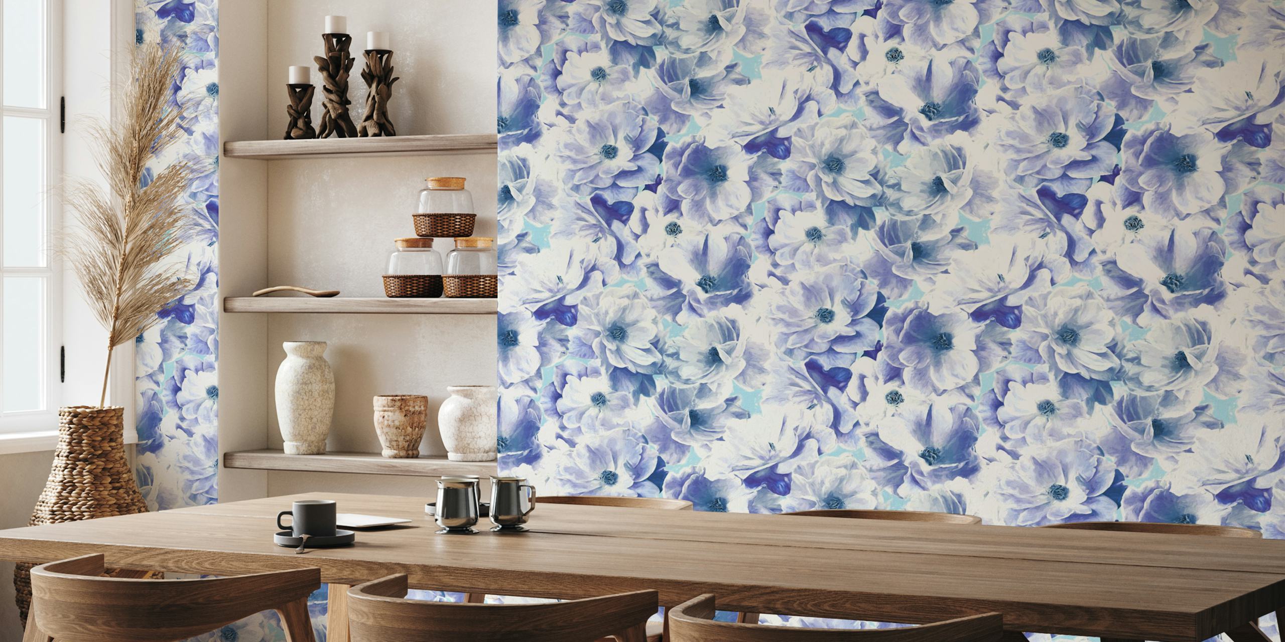 Tapeta kwiatowa z niebieskimi i purpurowymi Full Blown Roses in Soft Blue Purple
