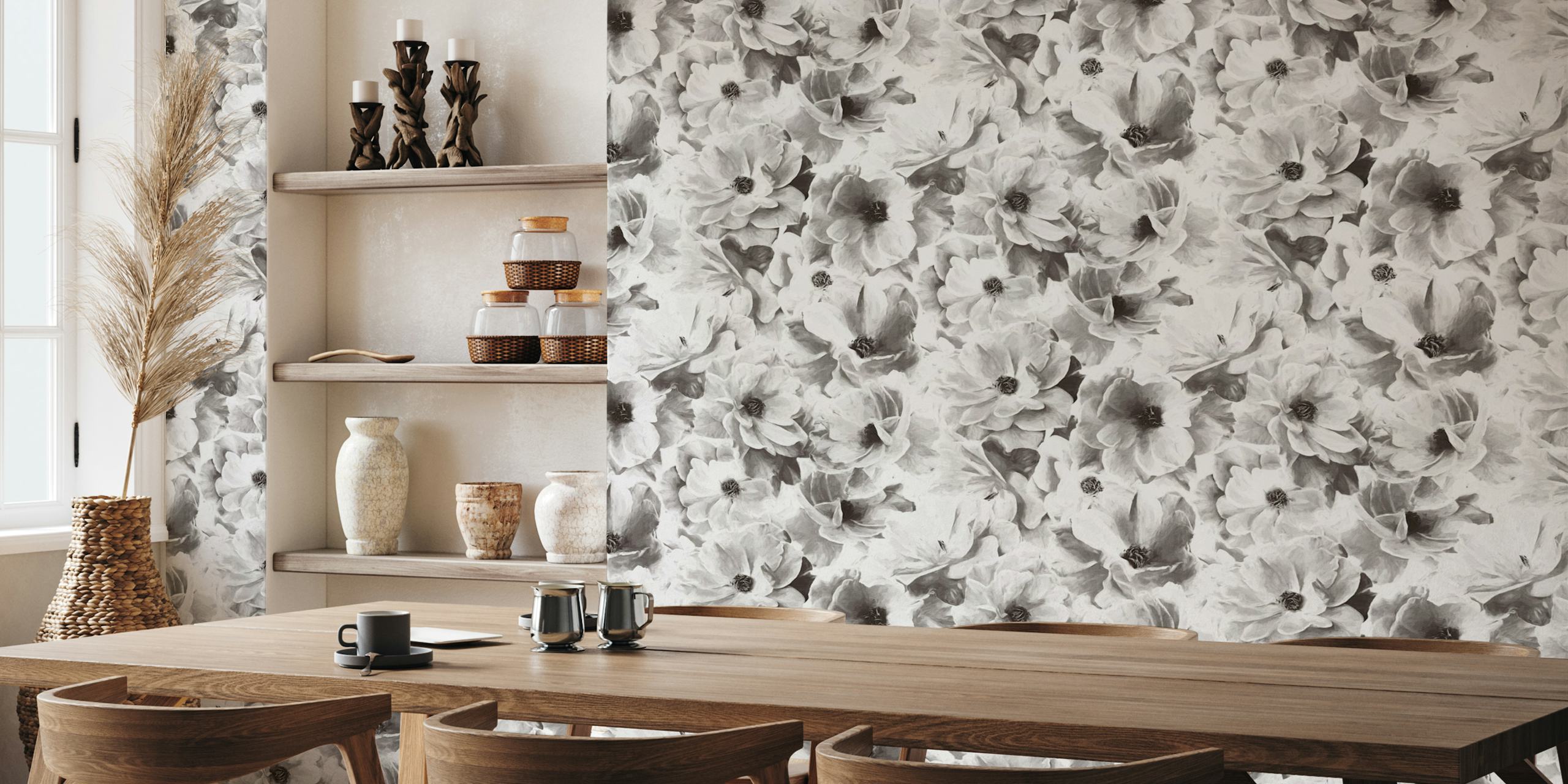 Blooming roses in monochrome black and white wallpaper