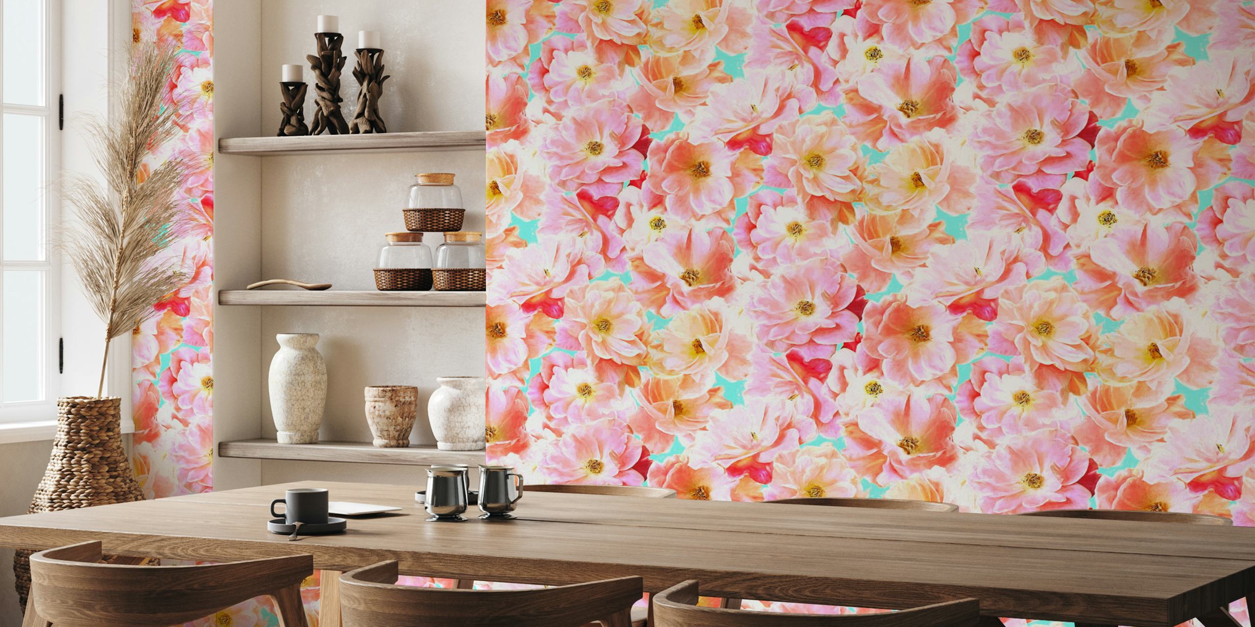 Peach pink roses on bright cyan background floral wallpaper