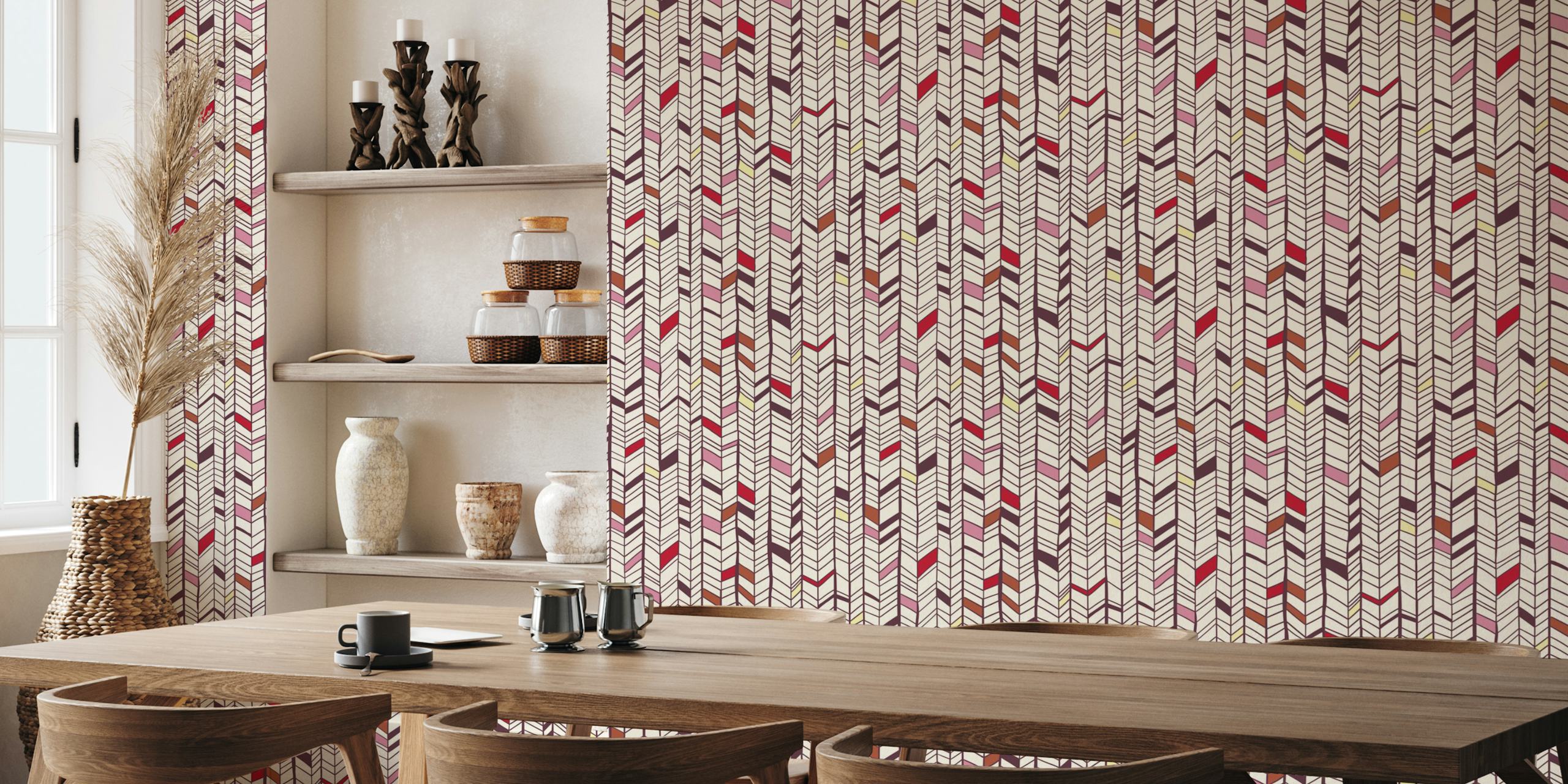 Hand drawn herringbone plum red wallpaper in a room