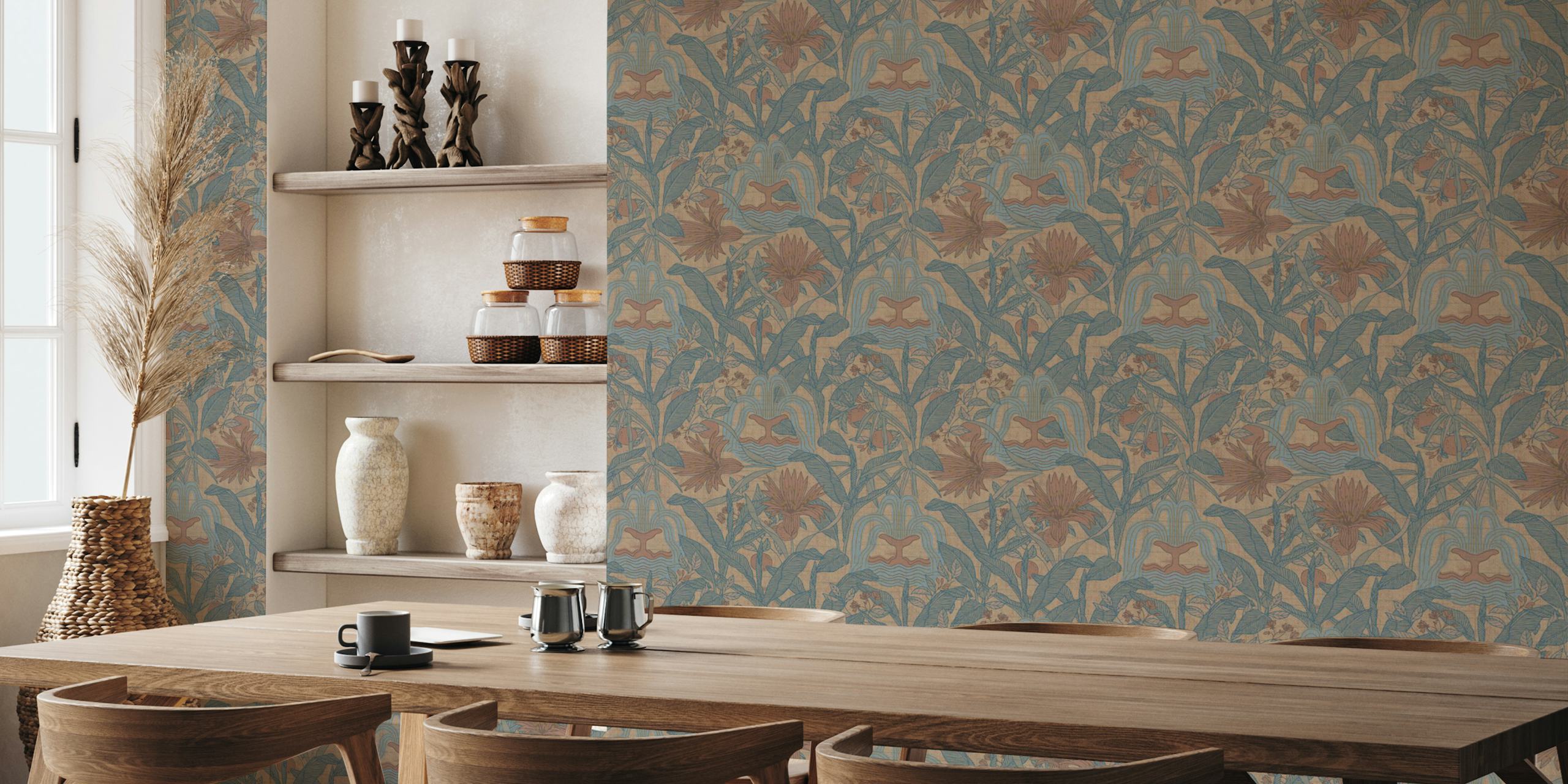 Bohemian floral wallpaper with earthy tones and flowing patterns