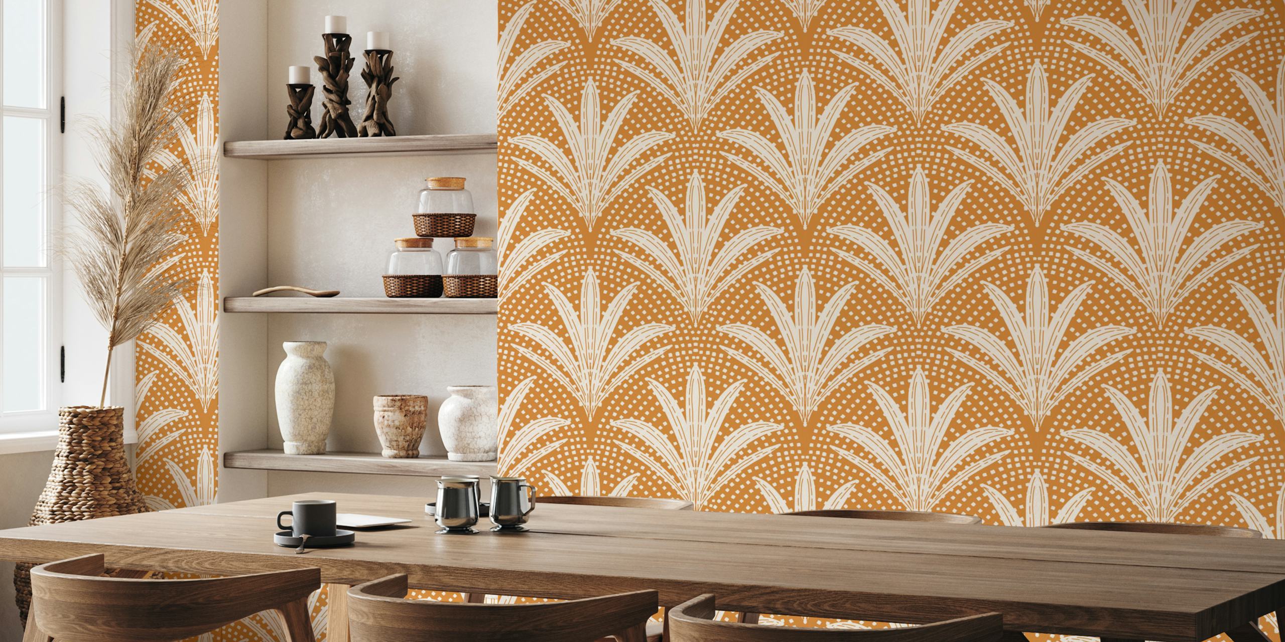 Boho rustic palm wallpaper viihtyisässä huoneessa