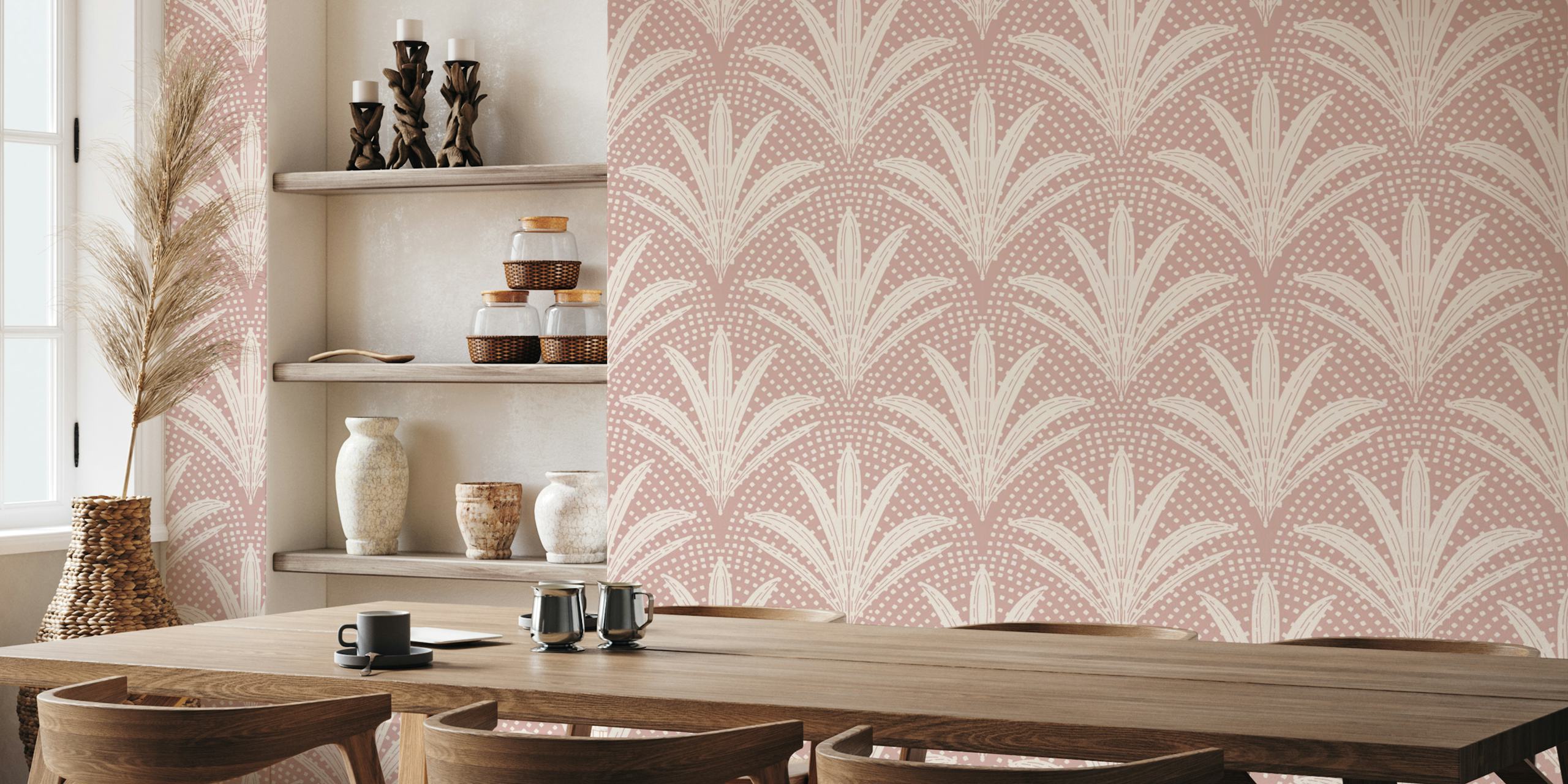 Ταπετσαρία Boho Rustic Palm Radiance Mauve σε ένα δωμάτιο