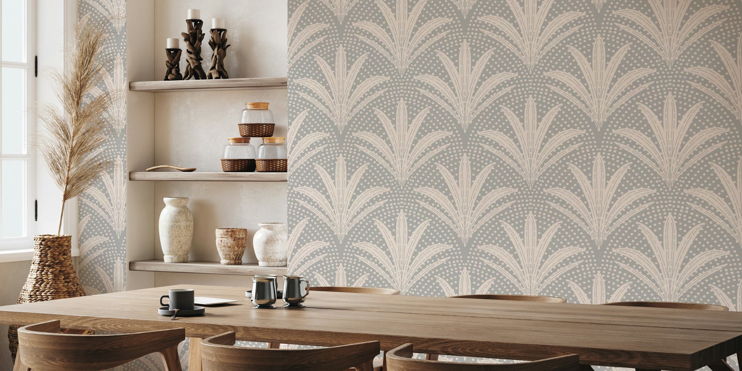 Boho Rustic Palm Radiance Soft Grey wallpaper in a room