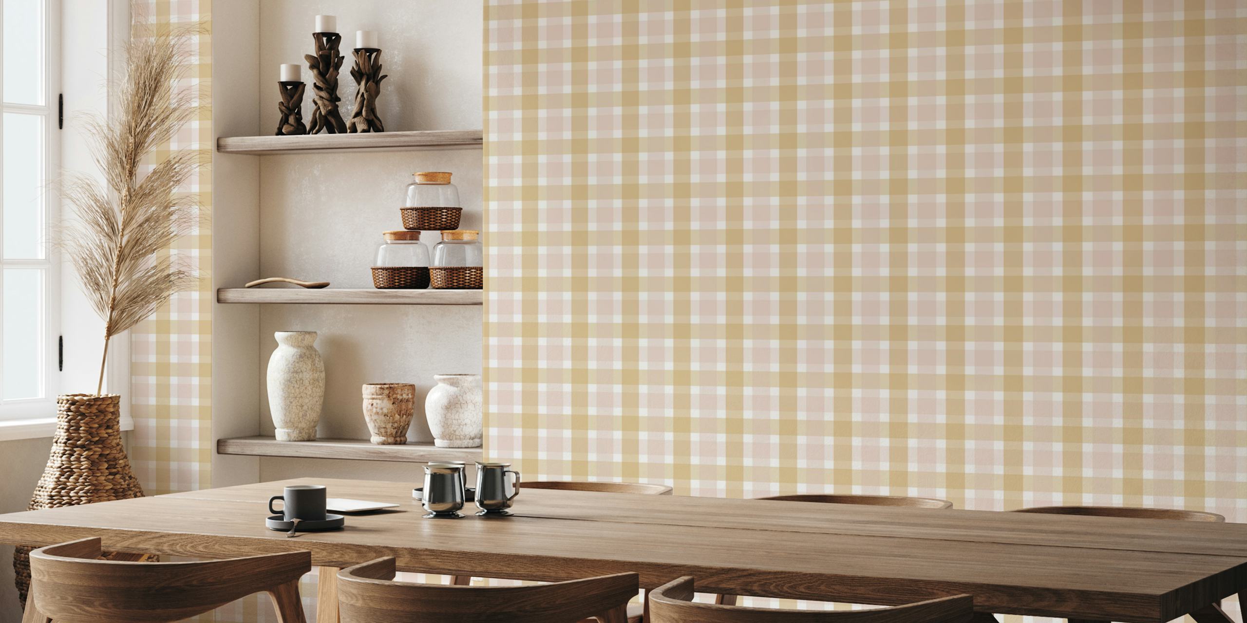 Rustic Plaid Soft Mustard und Powder Pink Tapete in einem Raum