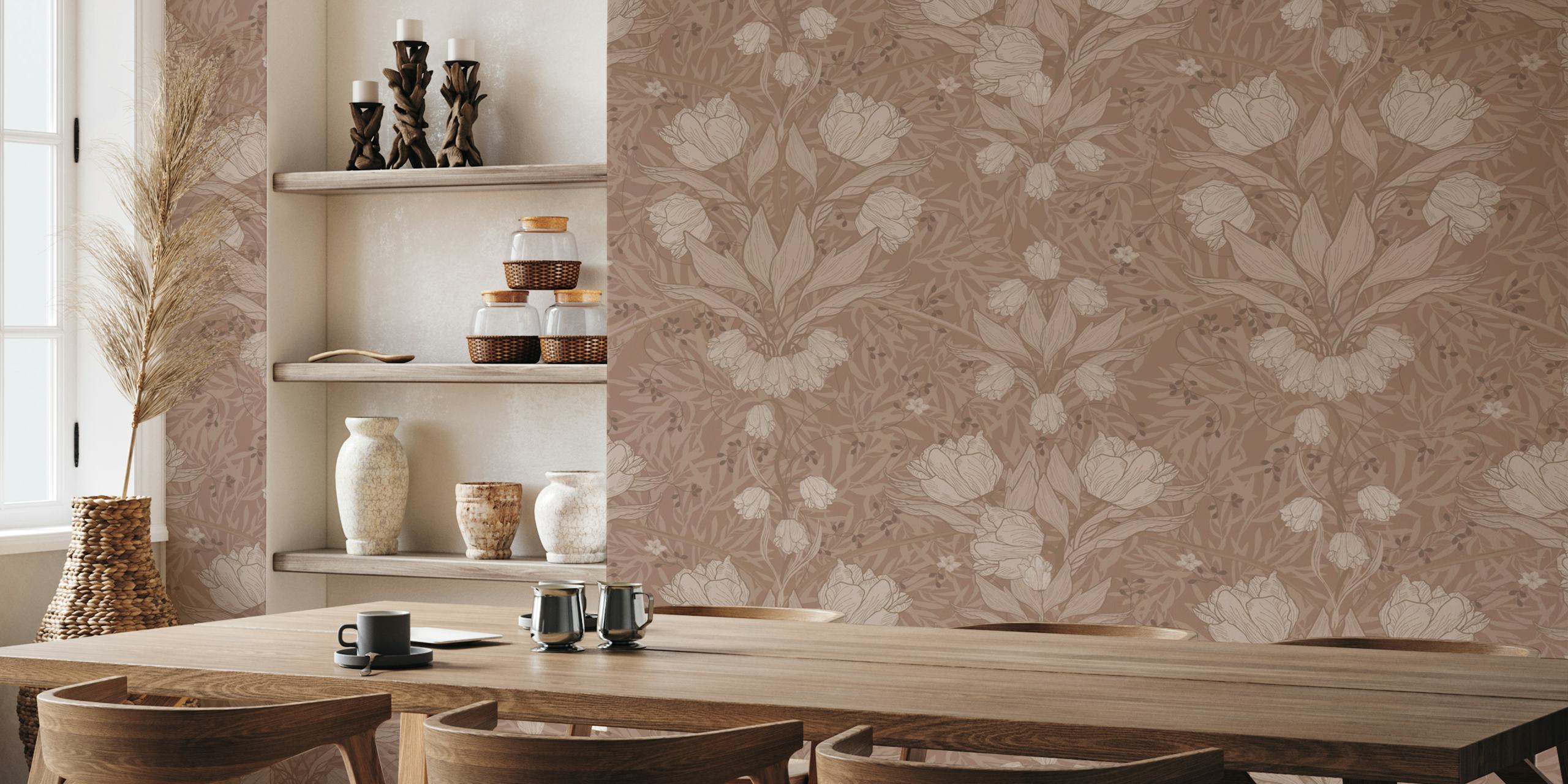Art Nouveau floral wallpaper featuring tulips in mocca tones