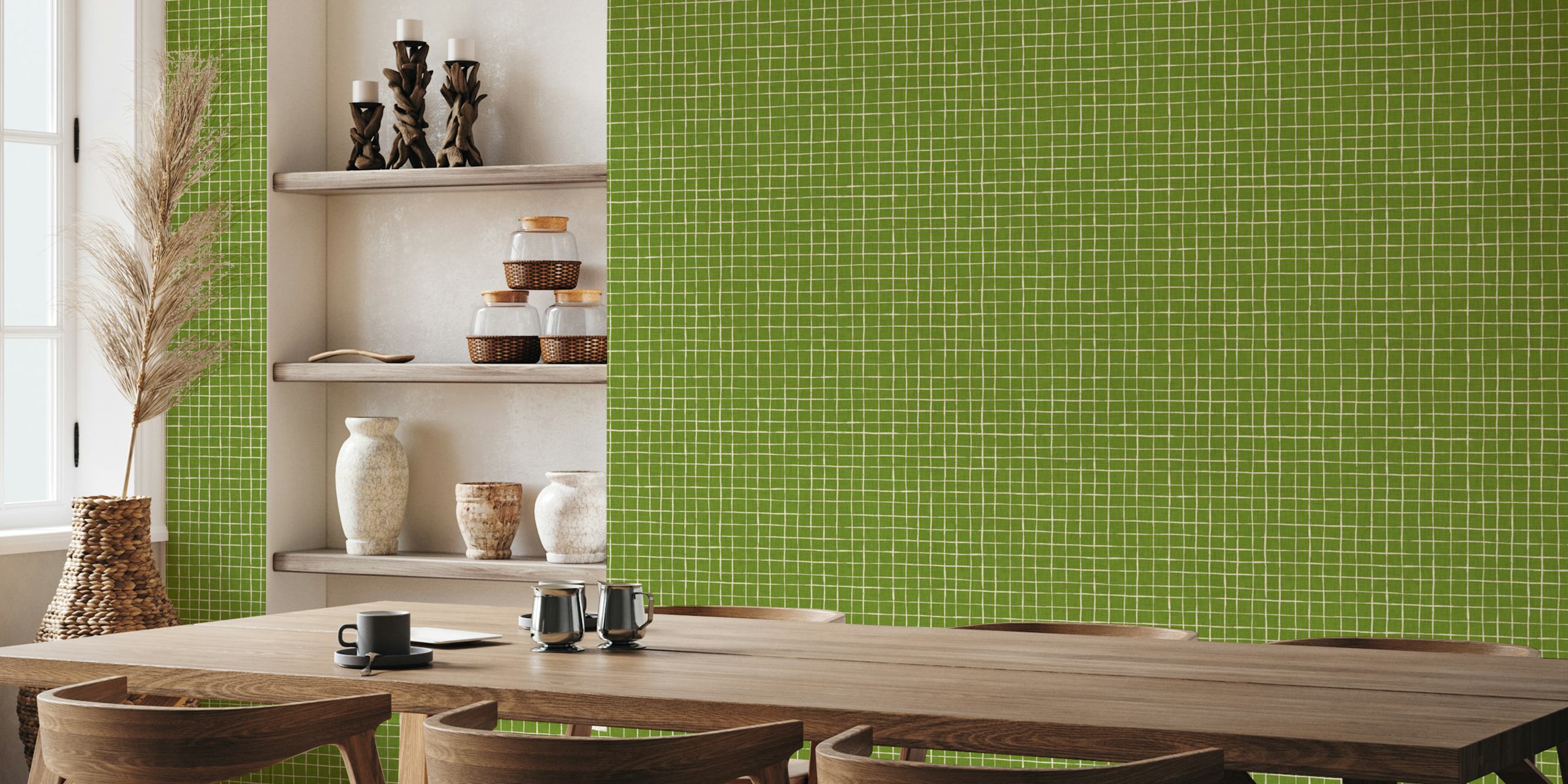 Diseño de papel tapiz de rejilla verde en una habitación