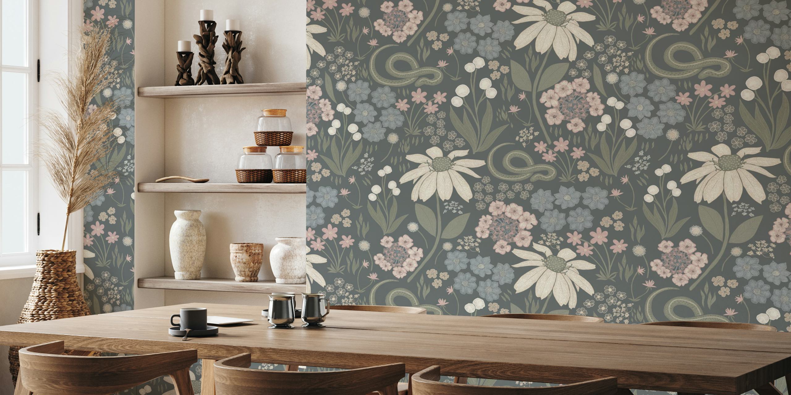 Floral patterns with a snake in soft pastel colors on gray wallpaper