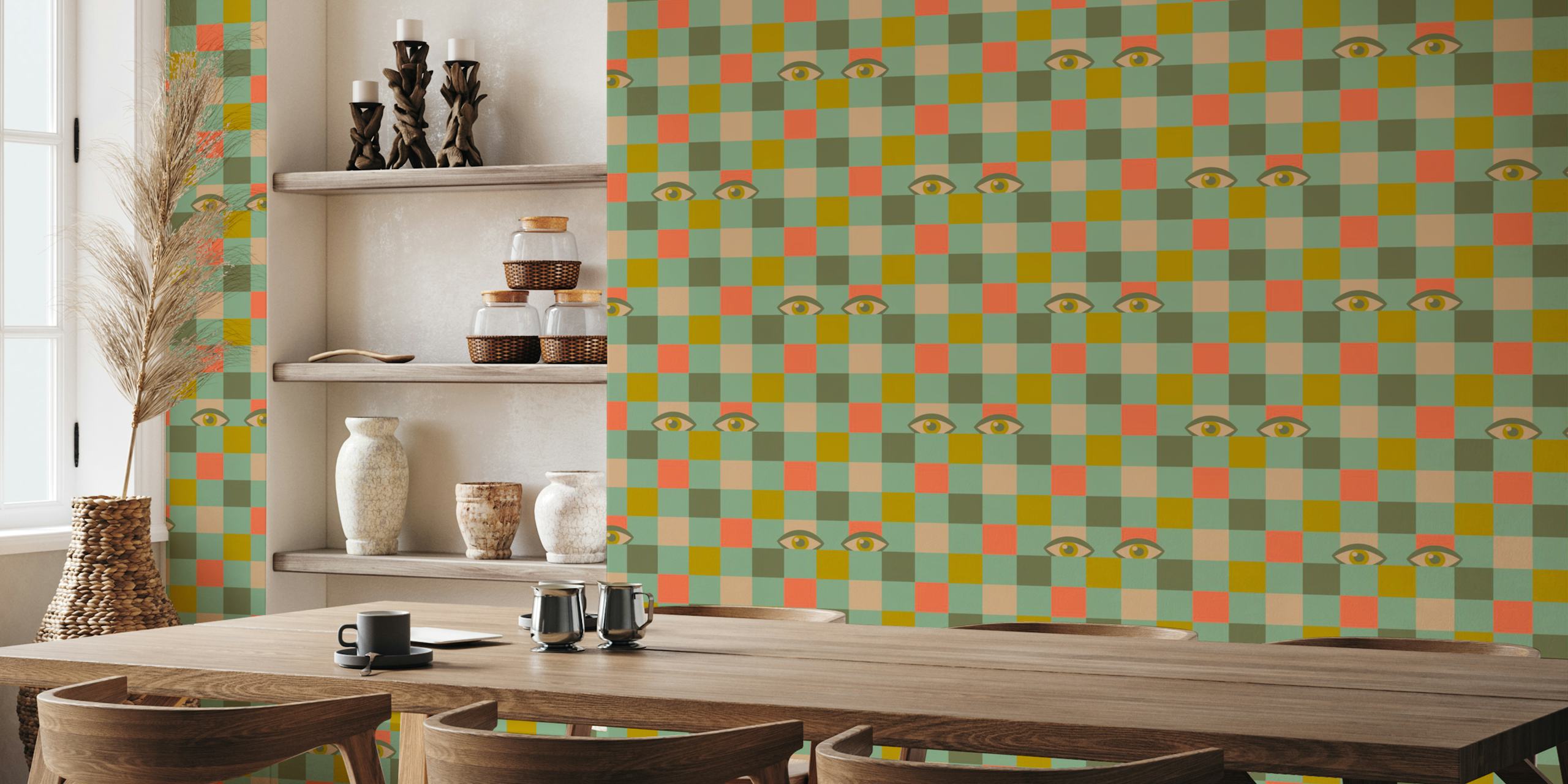 Checkerboard pattern with retro eyes in mint green, peach, and brown wallpaper