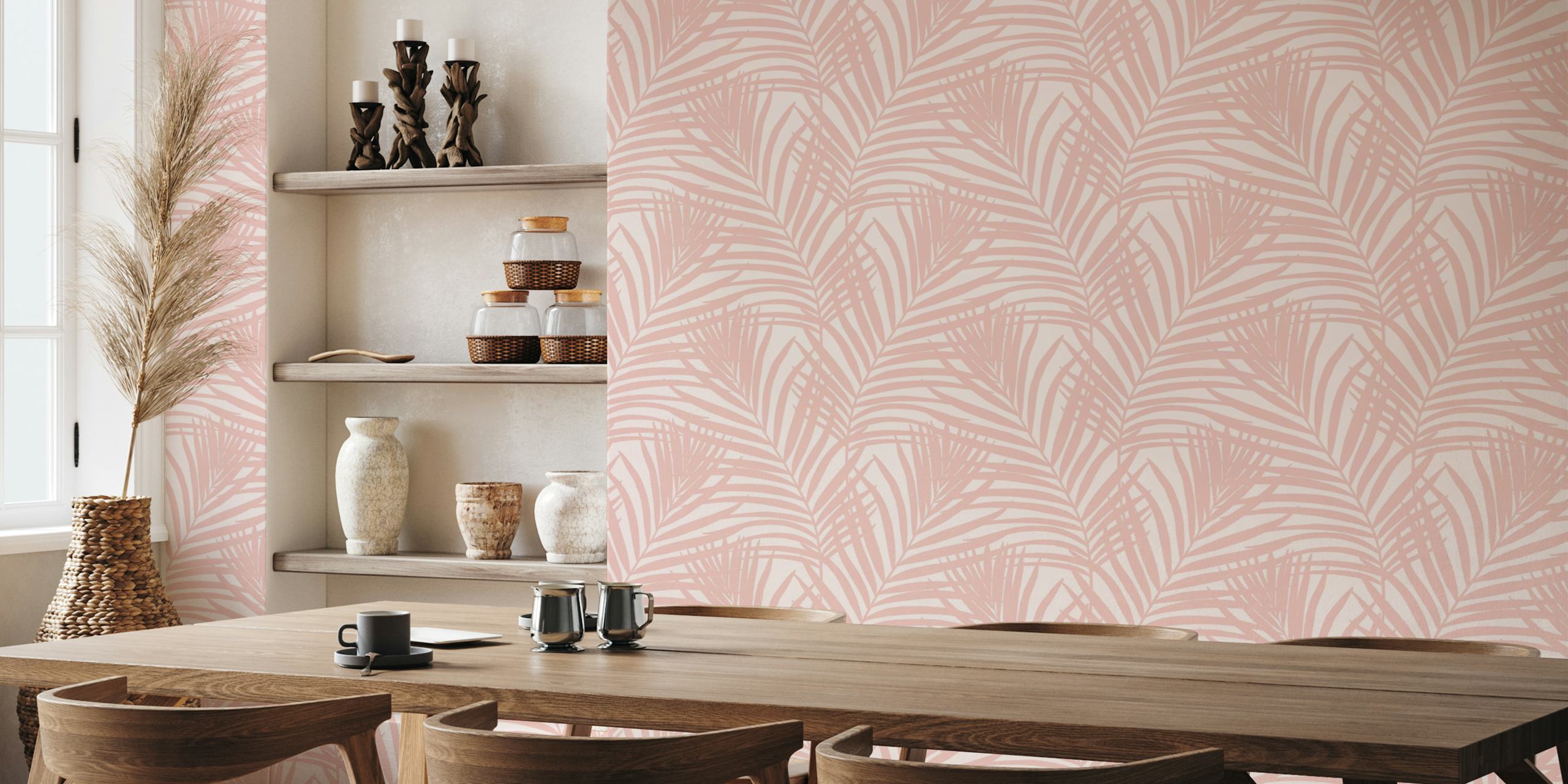 Coastal palm leaves wallpaper in a room