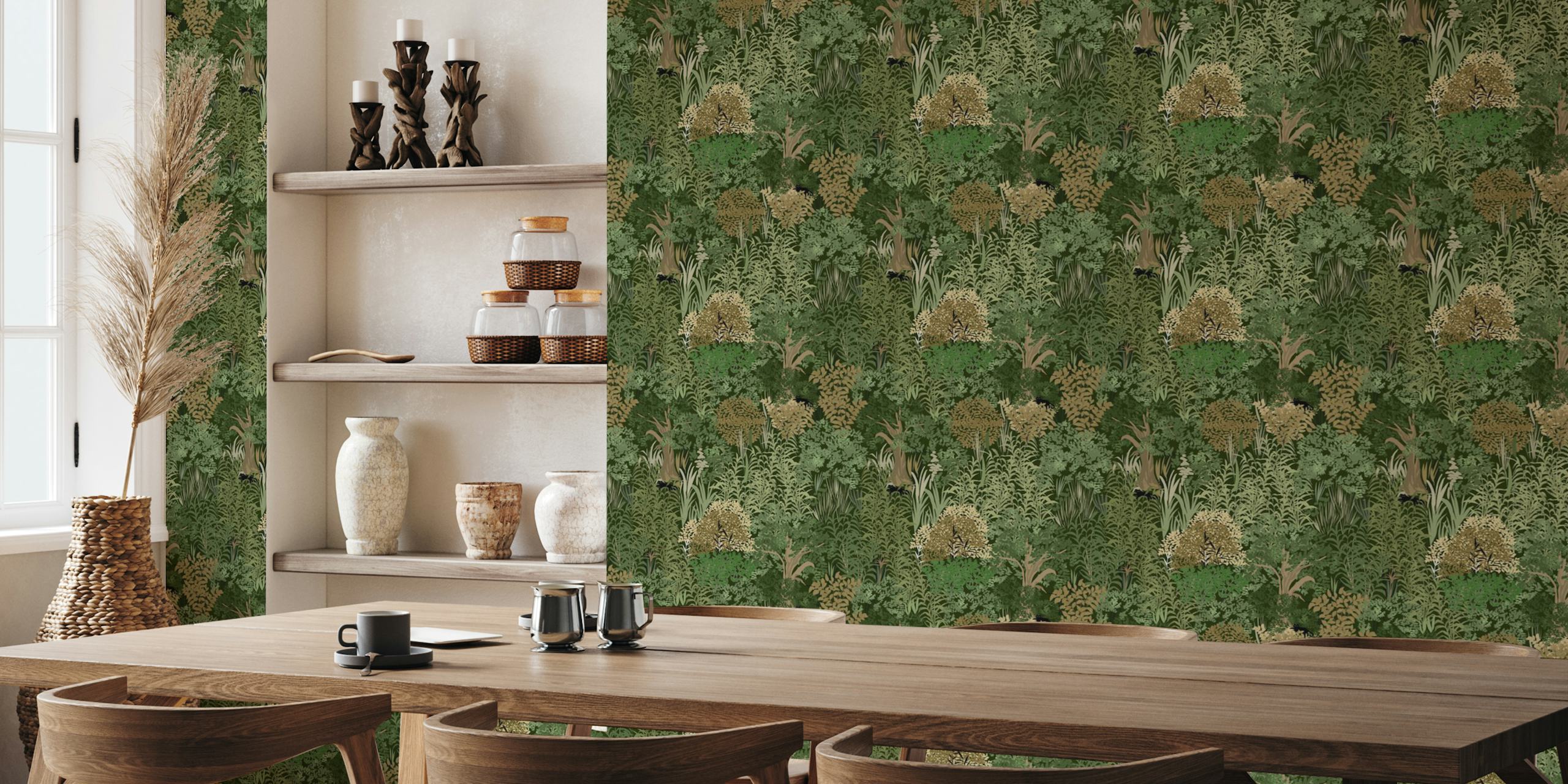 Lush green botanical wallpaper featuring tropical plants and trees in earthy tones.