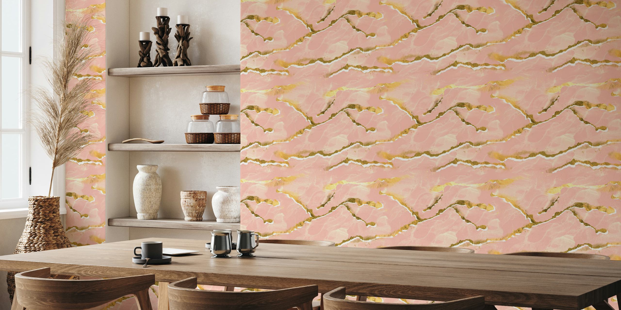Golden Veins Blush Marble-Tapete in einem Raum