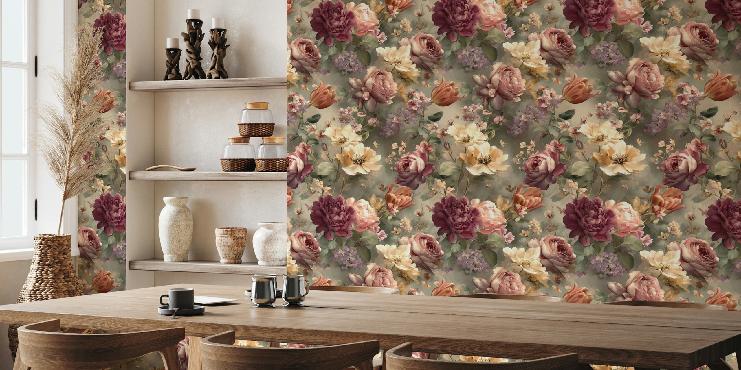 Roses and floral motifs in pastel colors on a vintage wallpaper