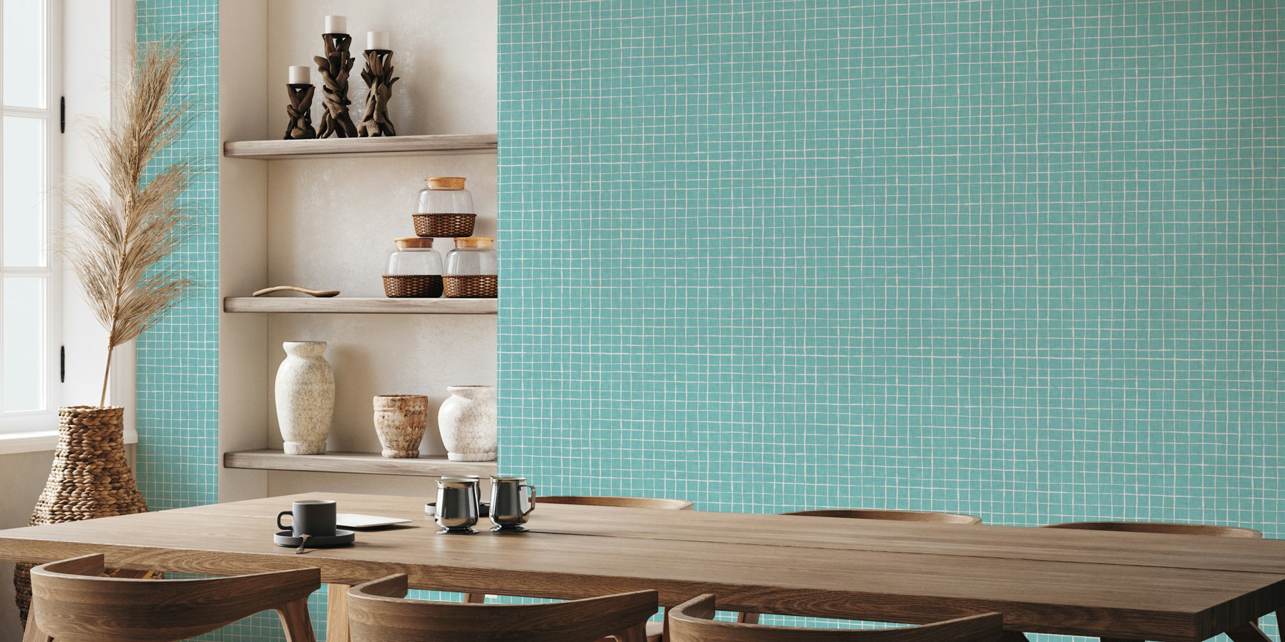 Papel pintado Teal Linen Grid en una habitación