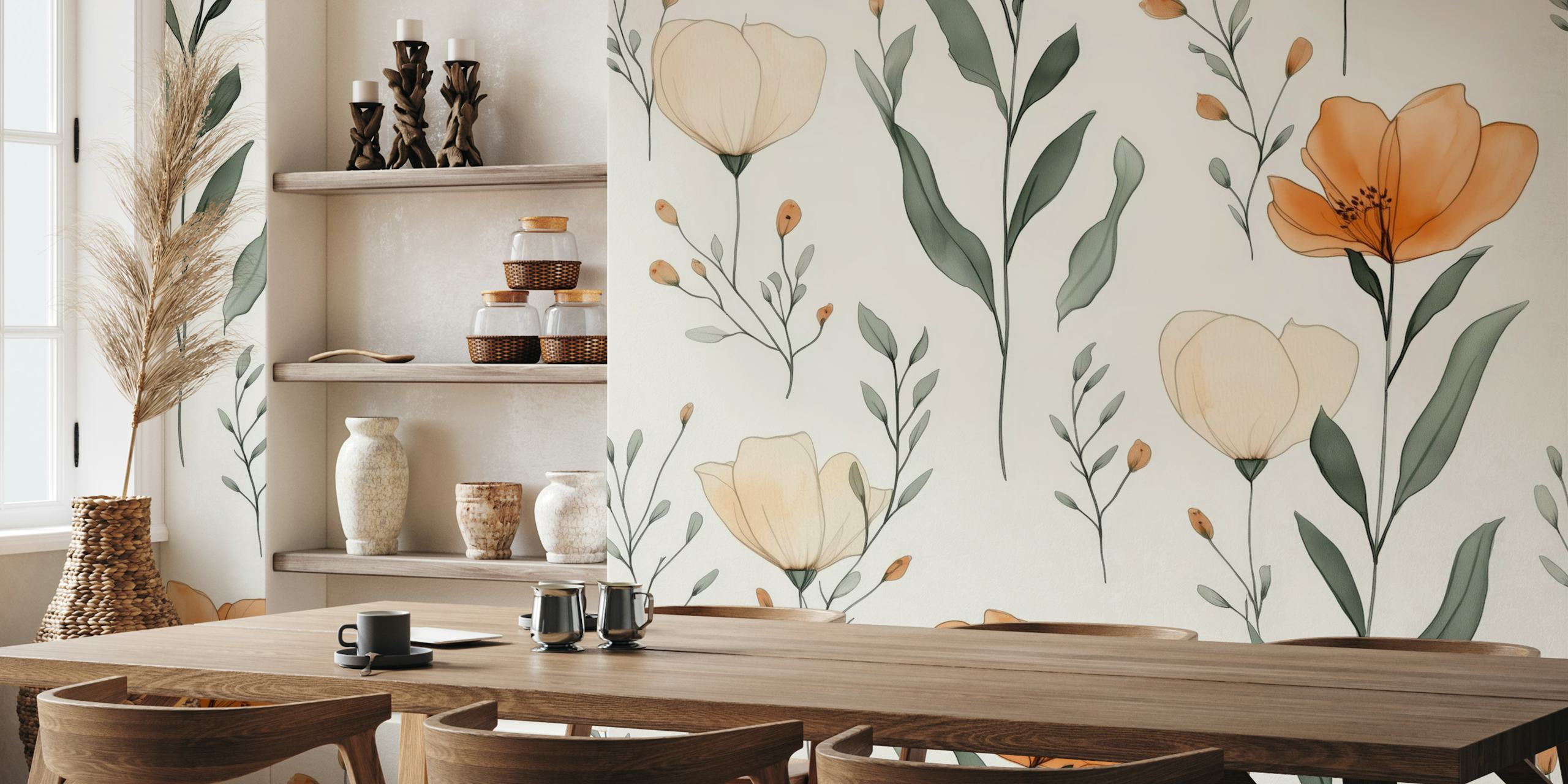 Peach and cream floral design with leaves wallpaper