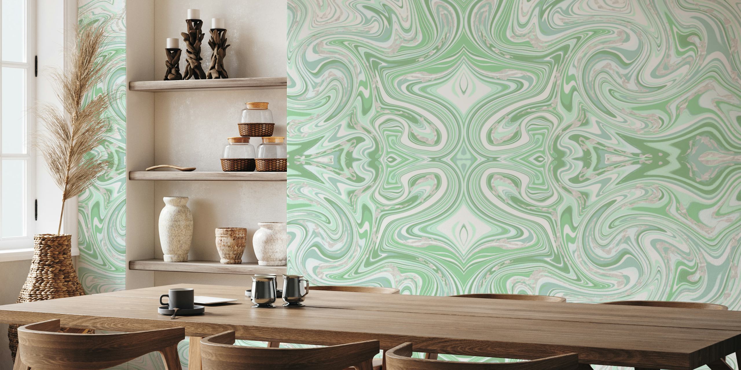 Abstract green and white marble swirl pattern wallpaper