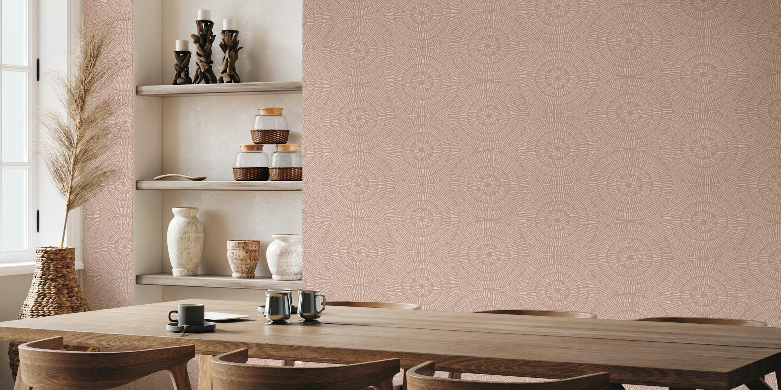 Ταπετσαρία Boho pink lines and circles σε ένα δωμάτιο