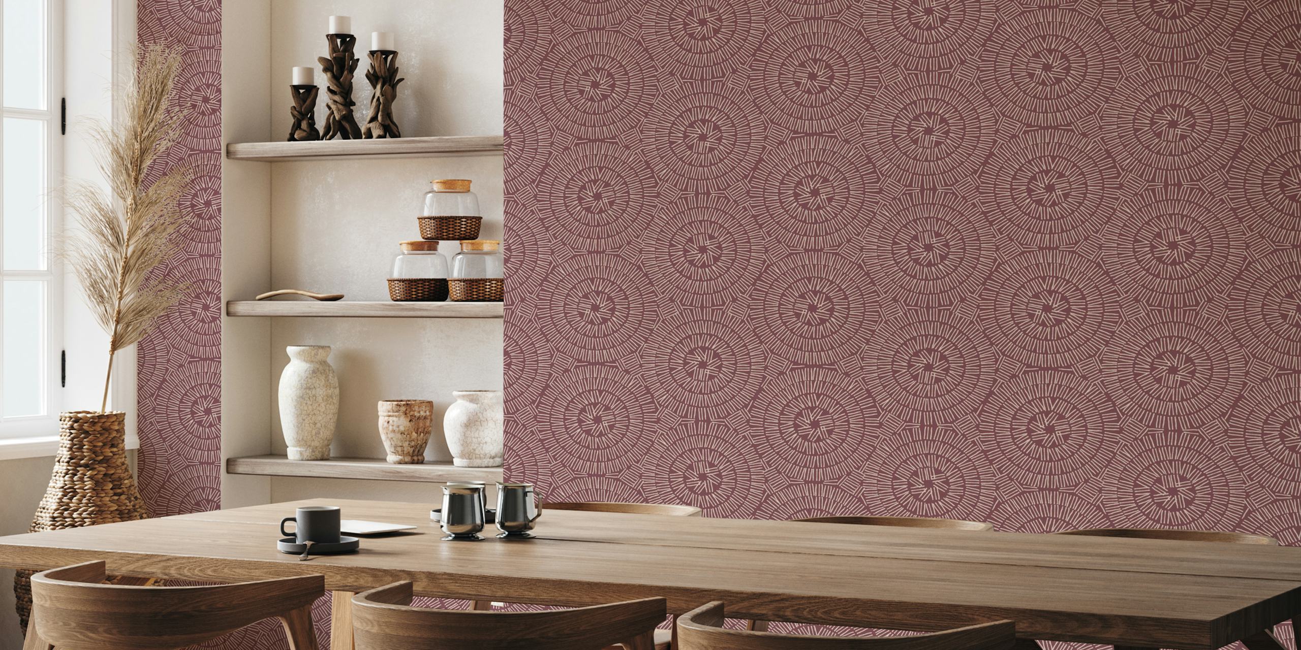 Burgundy tribal shapes wallpaper σε ένα δωμάτιο
