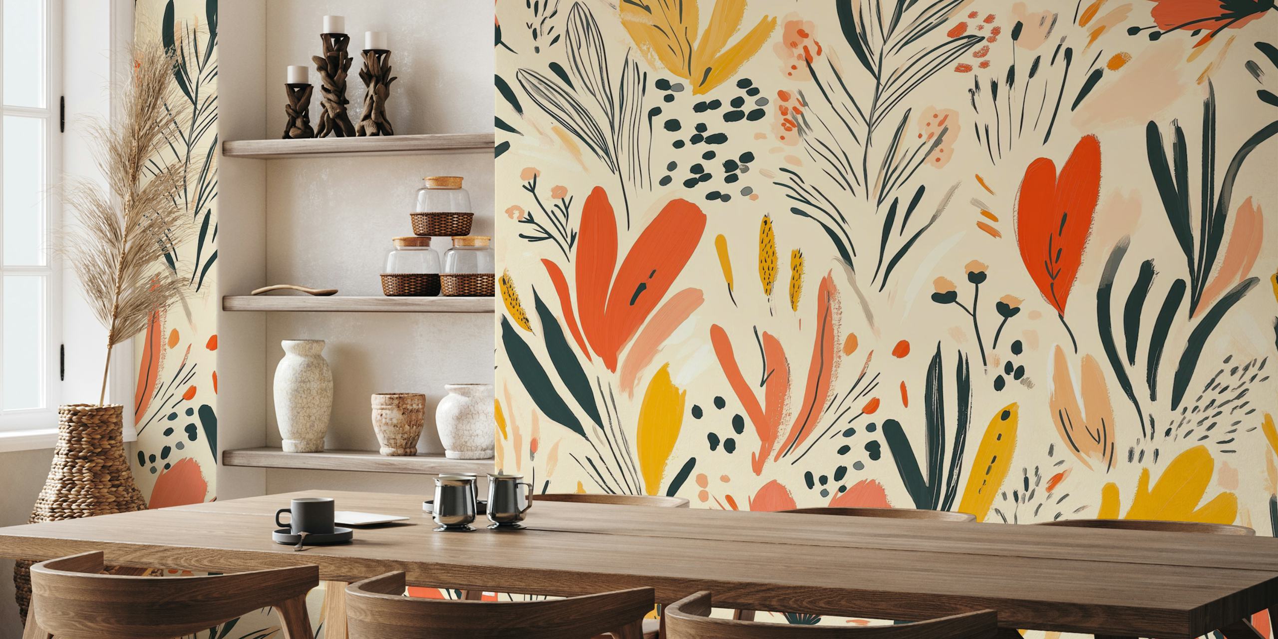 Colorful floral pattern with red, orange, and green details wallpaper