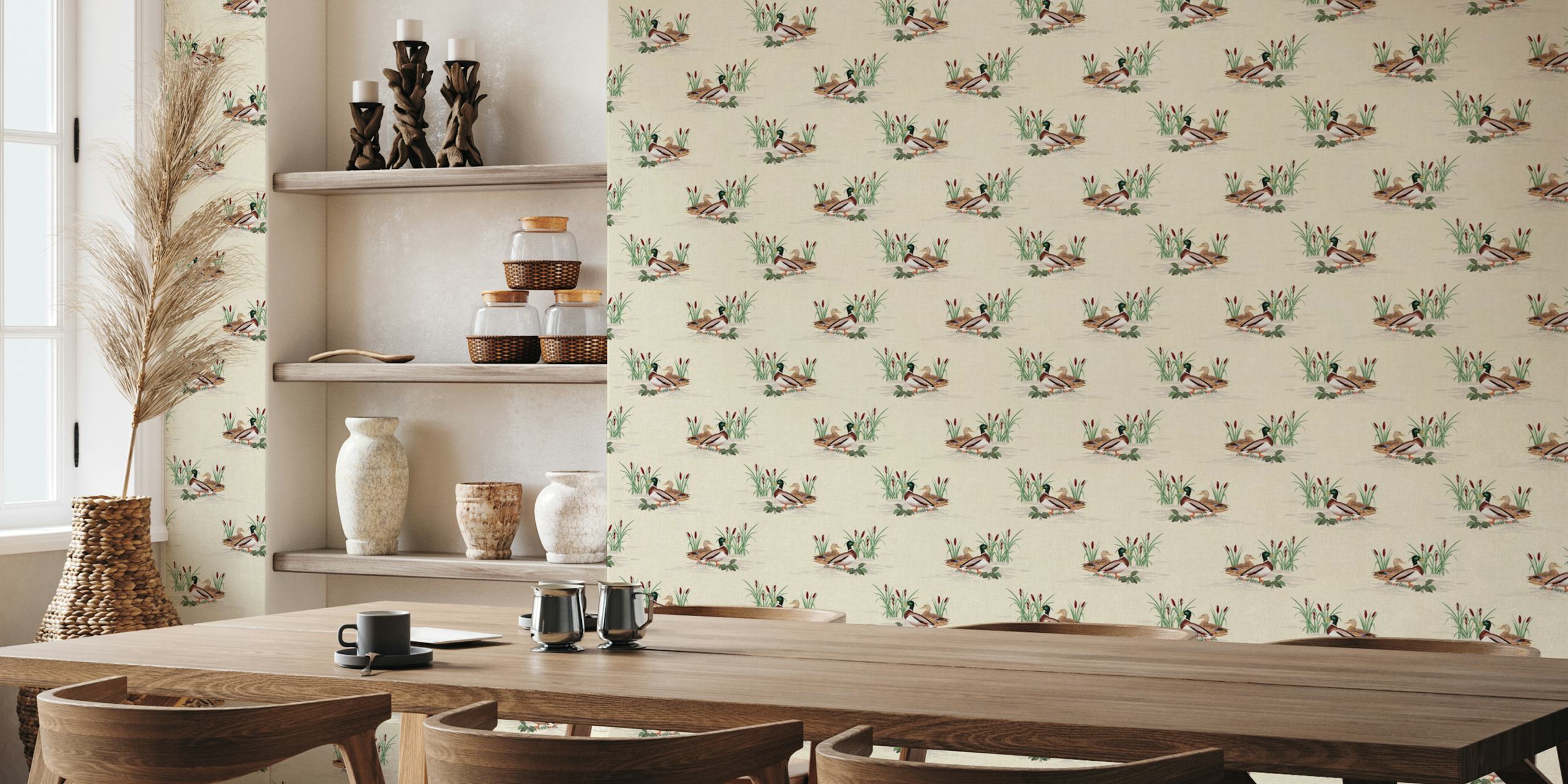 Ducks in a natural setting with cattails and greenery wallpaper